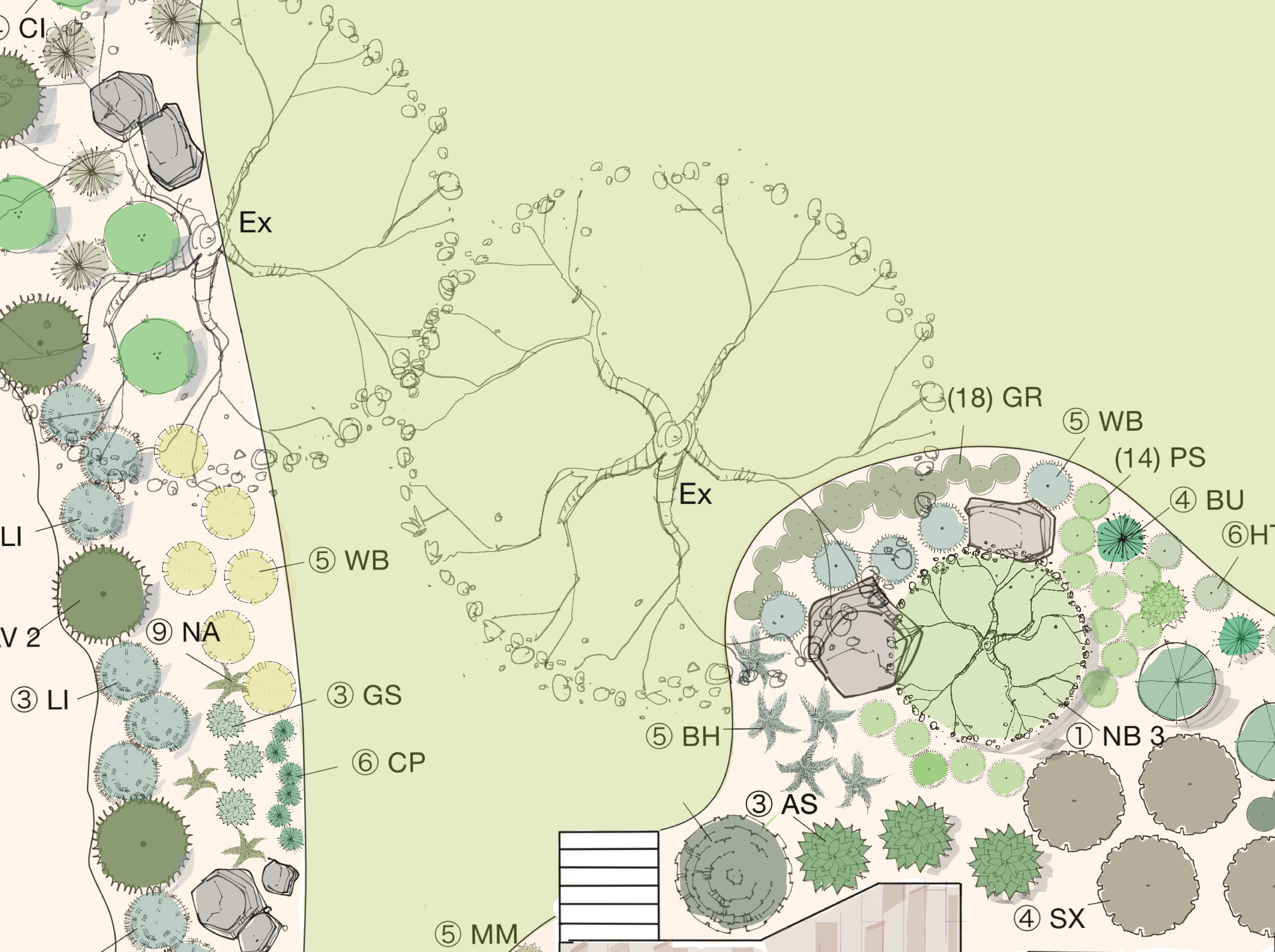 A detailed landscape design plan with various trees, shrubs, and garden features, including labels and symbols for different plant types and garden elements.