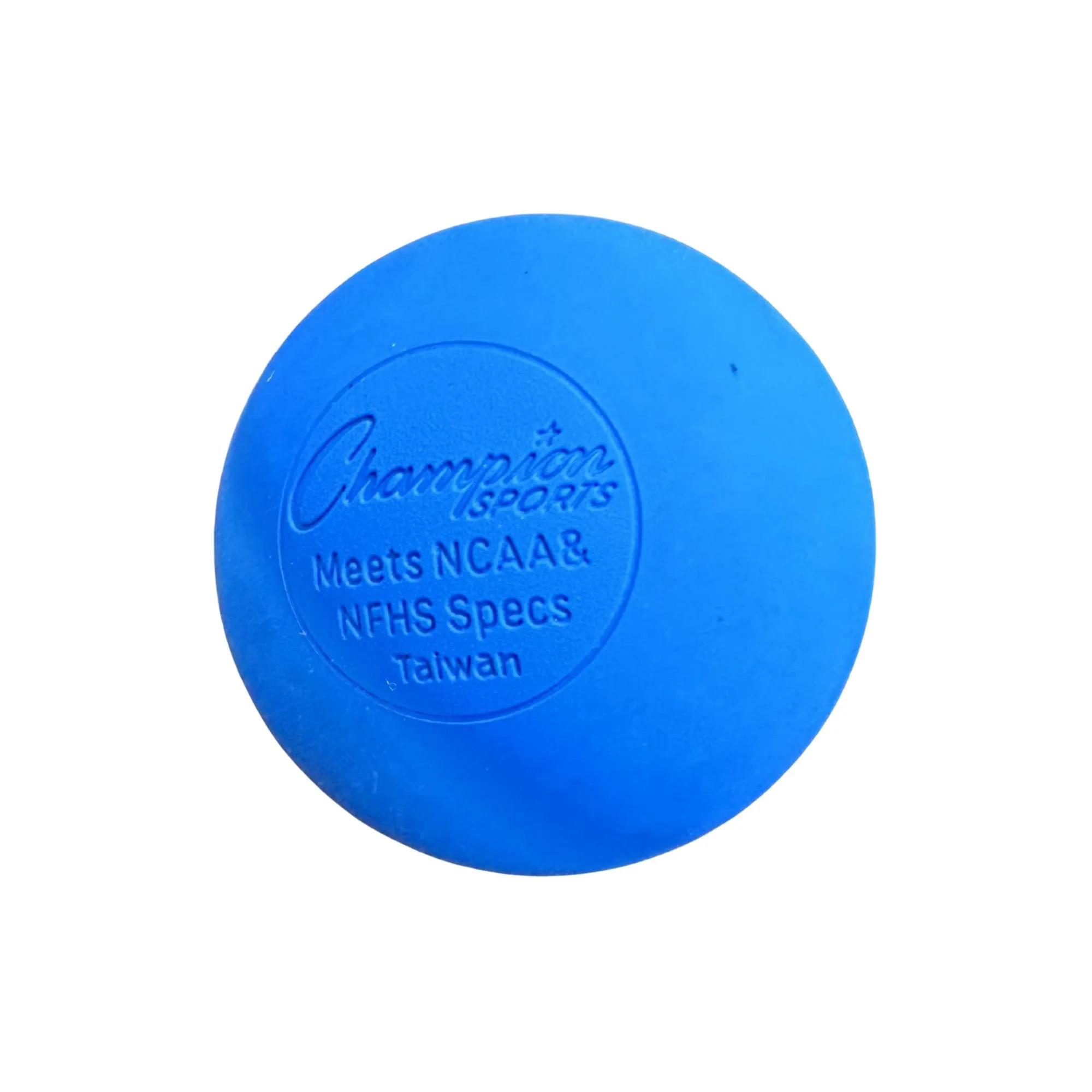 A blue Champion Sports lacrosse ball for self-myofascial release.