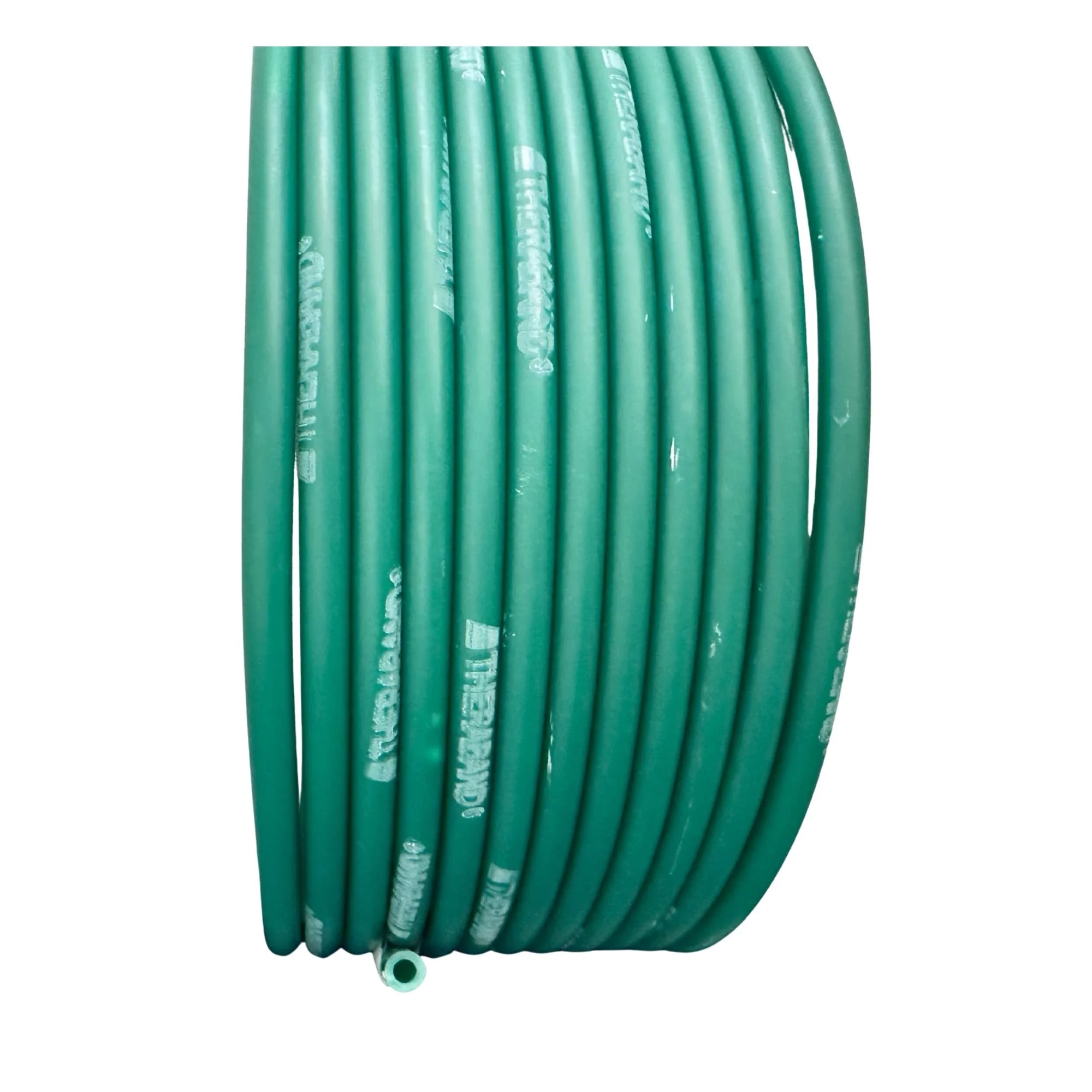 A coil of green TheraBand latex resistance tubing for strengthening exercises.