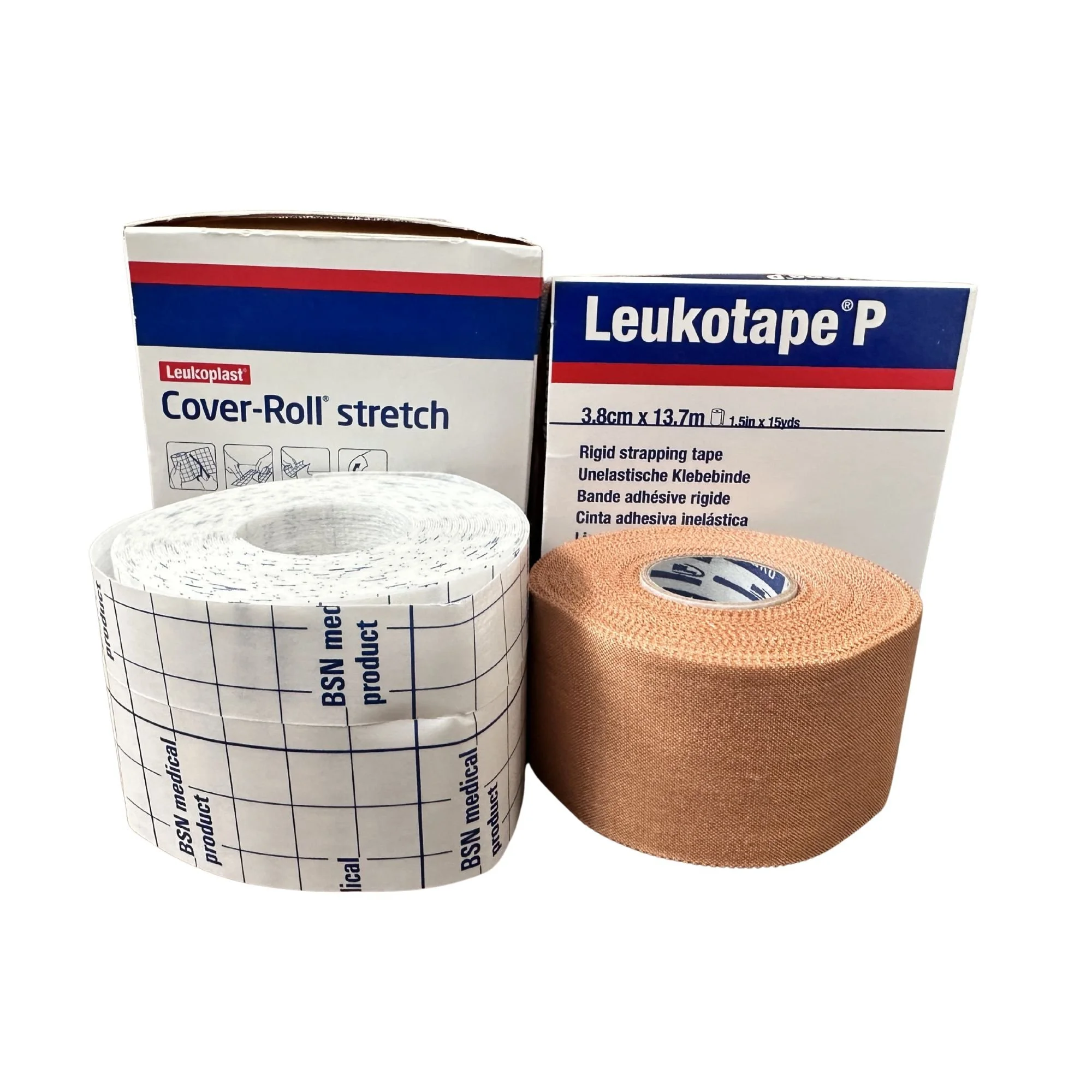 Leukotape P rigid strapping tape and Cover-Roll stretch tape for joint support.