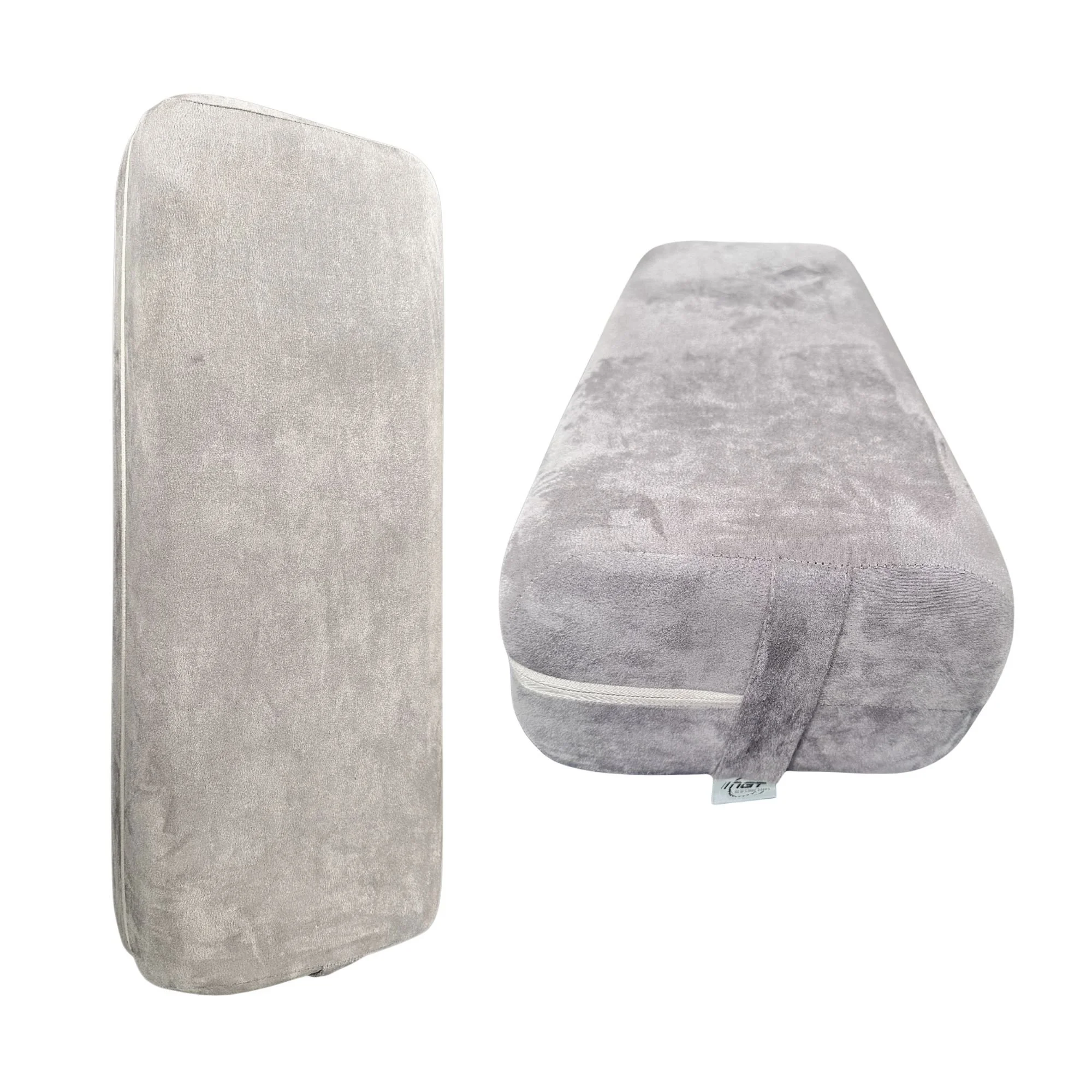 A gray NGT yoga bolster pillow for supported rest and recovery.