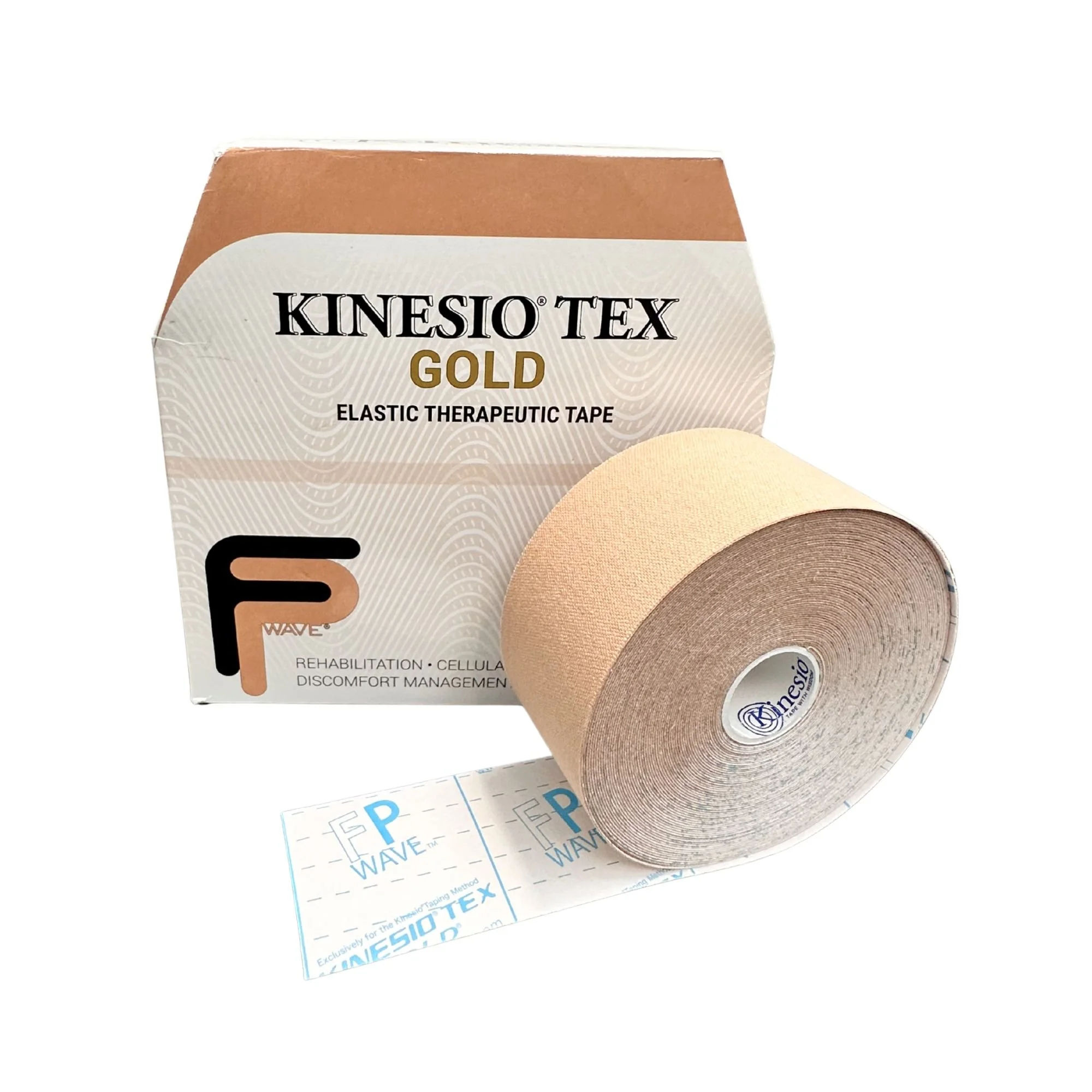 A roll of Kinesio Tex Gold elastic therapeutic tape.