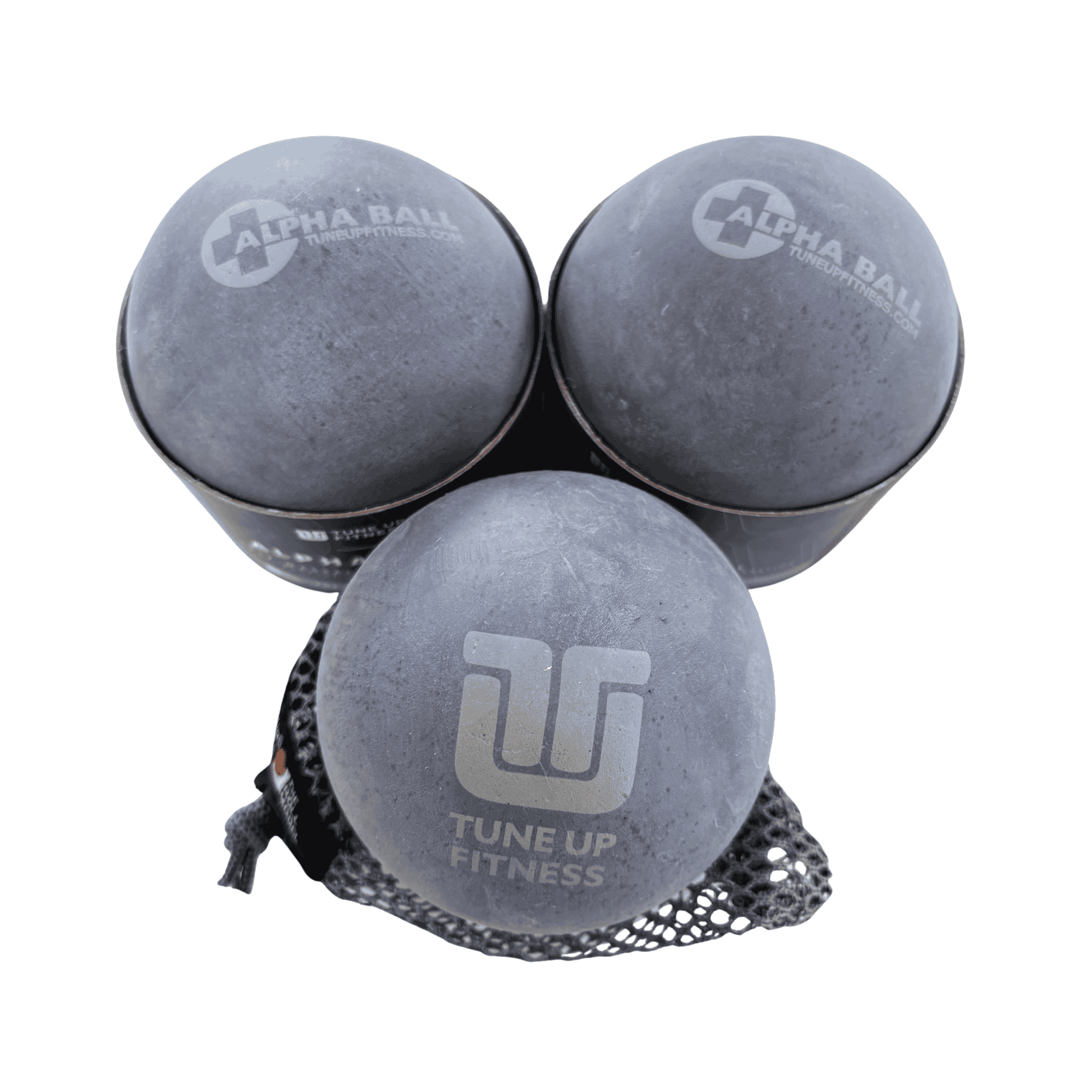 Tune Up Fitness Alpha Ball massage ball in a mesh carrying bag.