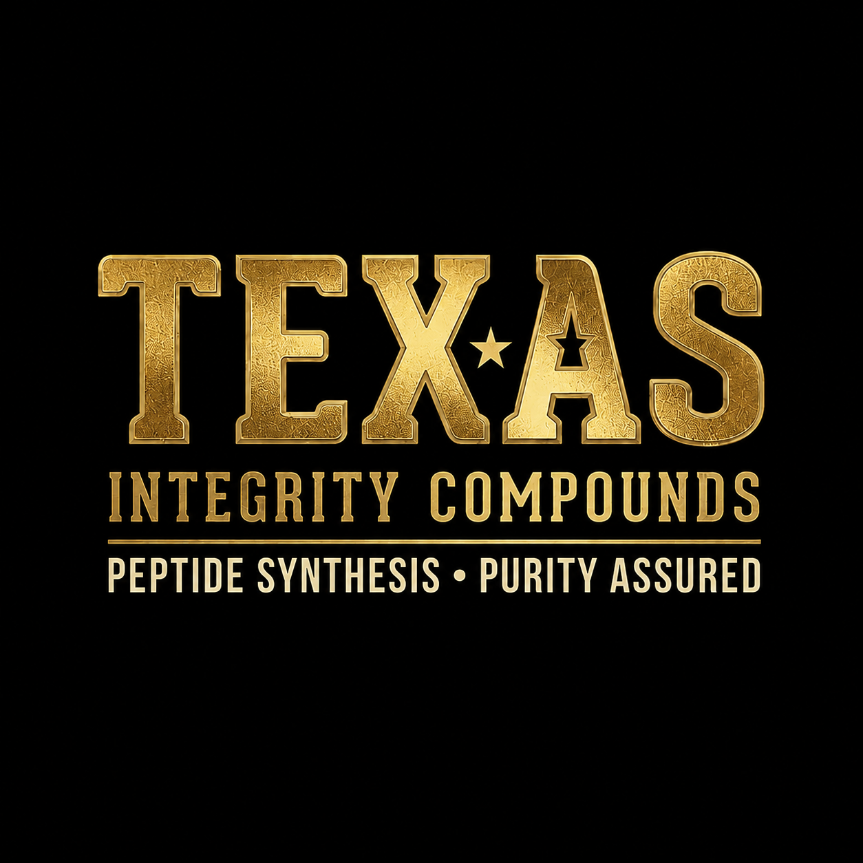 Gold text on black background reads "Texas Integrity Compounds, Peptide Synthesis, Purity Assured."