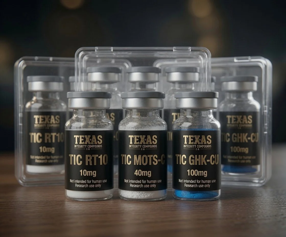 Vials labeled 'Texas Integrity Compounds' with different dosages, in front of a plastic case. listed 10mg, 40mg, and 100mg, RT10, MOTS-C, GHK-CU