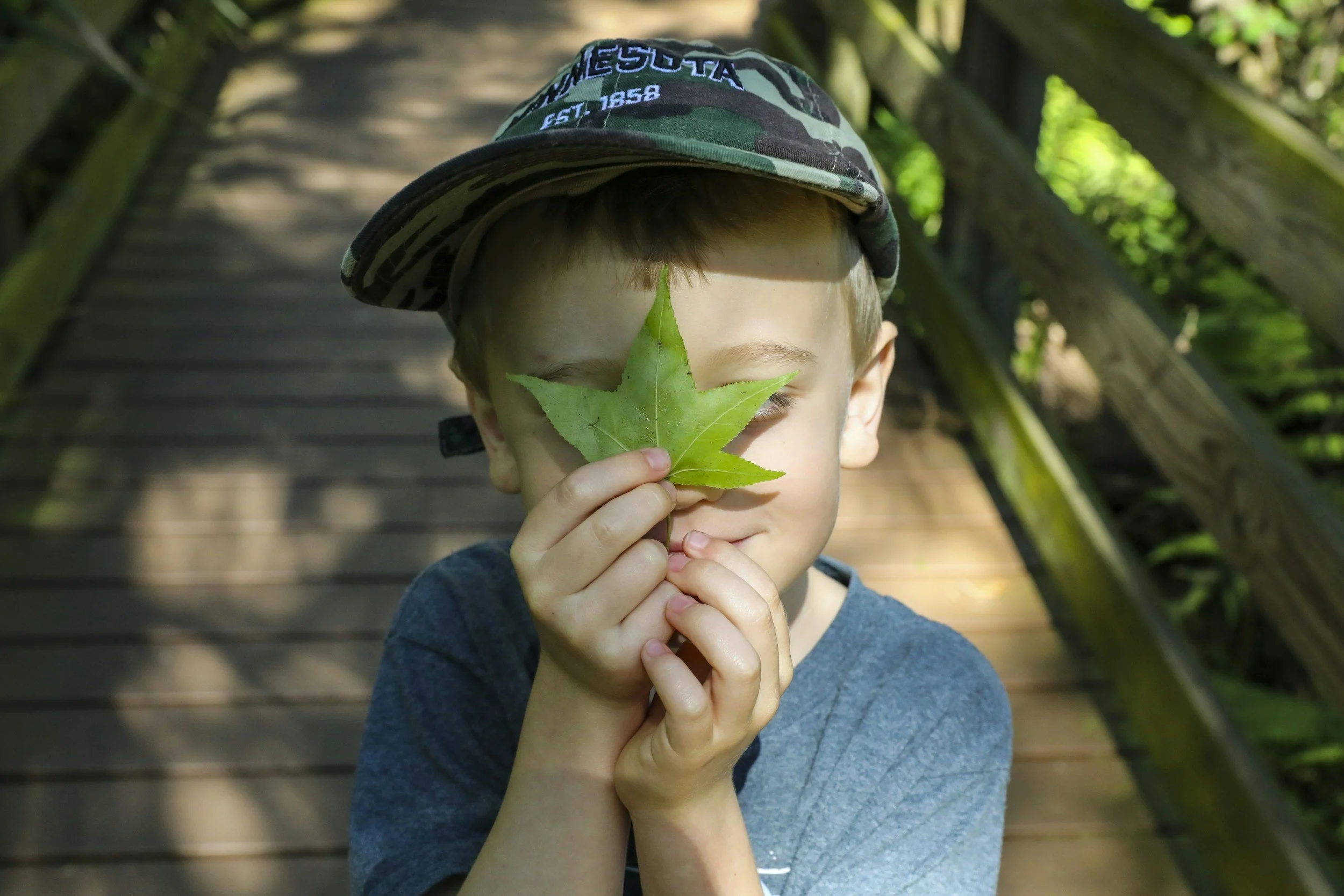 A young boy wearing a camouflage cap holds a green maple leaf in front of his face, partially covering his eyes, on a wooden bridge surrounded by greenery.