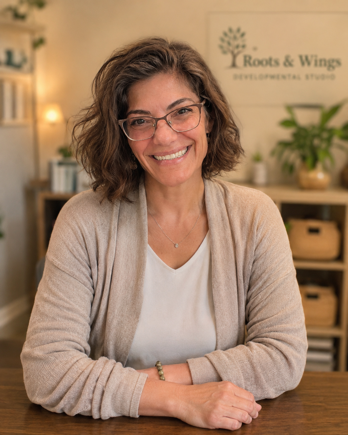 A smiling woman with wavy brown hair, glasses, and a light beige cardigan sitting at a desk in an office. In the background, there is a sign that reads 'Roots & Wings Developmental Studio,' along with indoor plants and shelves.