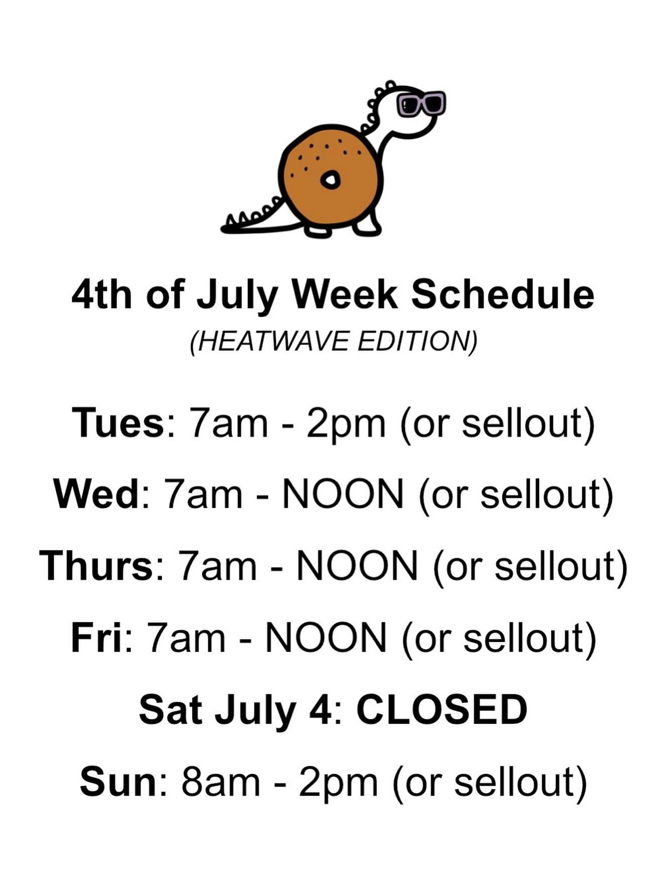 This just in...
Closing up shop a bit early this Wed, Thurs, and Fri as temps near 💯. With ovens and griddles and toasters, it's a challenge to keep this place cool. Come see us in the mornings! CLOSED ON THE FOURTH!