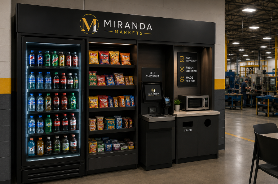 Self-checkout station at Miranda Markets with snacks, soda, and microwave in a warehouse or factory setting.