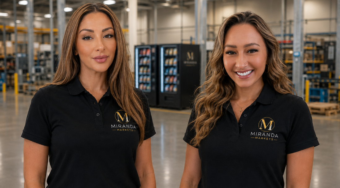 Two women with long hair wearing black polo shirts with Miranda Markets logo, standing in a warehouse with shelves, vending machines, and pallets behind them.