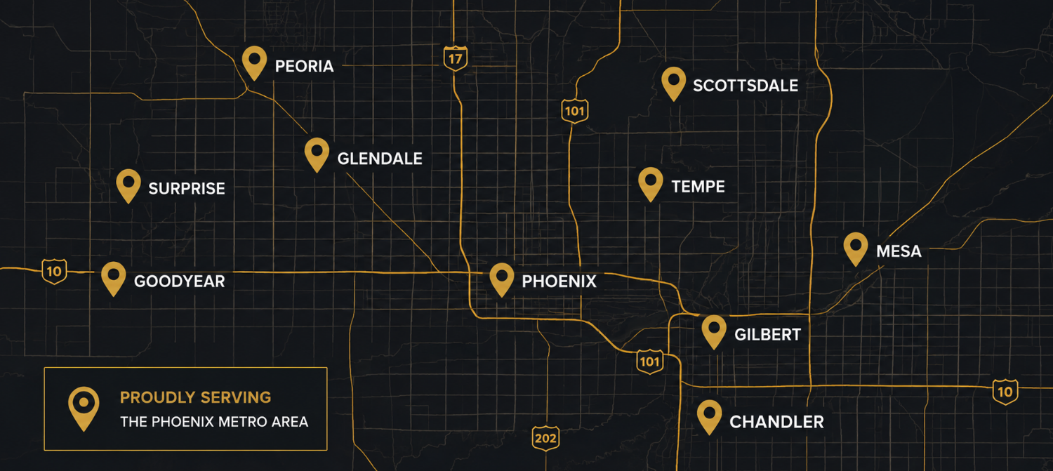 Map of Phoenix metro area with location markers for Phoenix, Scottsdale, Tempe, Mesa, Gilbert, Chandler, Goodyear, Surprise, Glendale, Peoria, U.S. Highway 17, U.S. Highway 101, and State Route 10, with a legend stating 'Proudly Serving the Phoenix Metro Area'.
