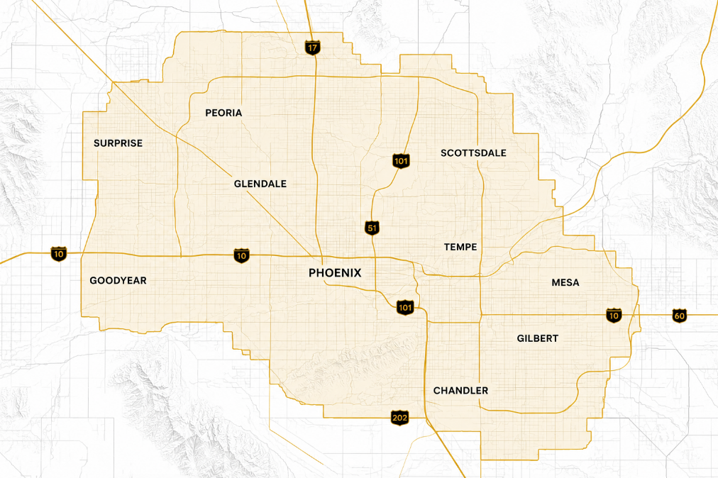 Map of the Phoenix metropolitan area in Arizona, showing cities and highways.