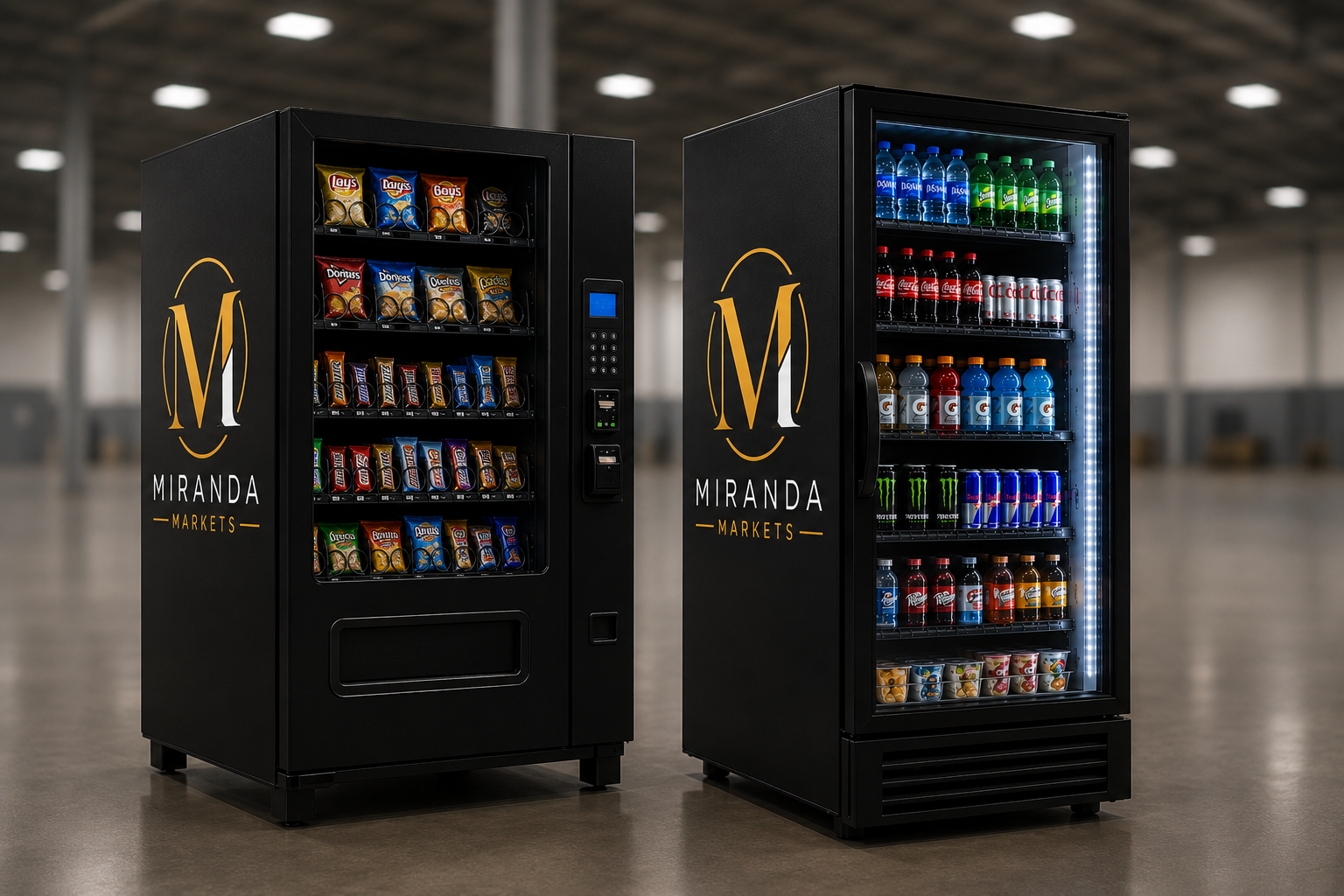 Two vending machines with the Miranda Markets logo on a gray floor in an industrial space. The left machine offers chips, and the right has bottled drinks and snacks.
