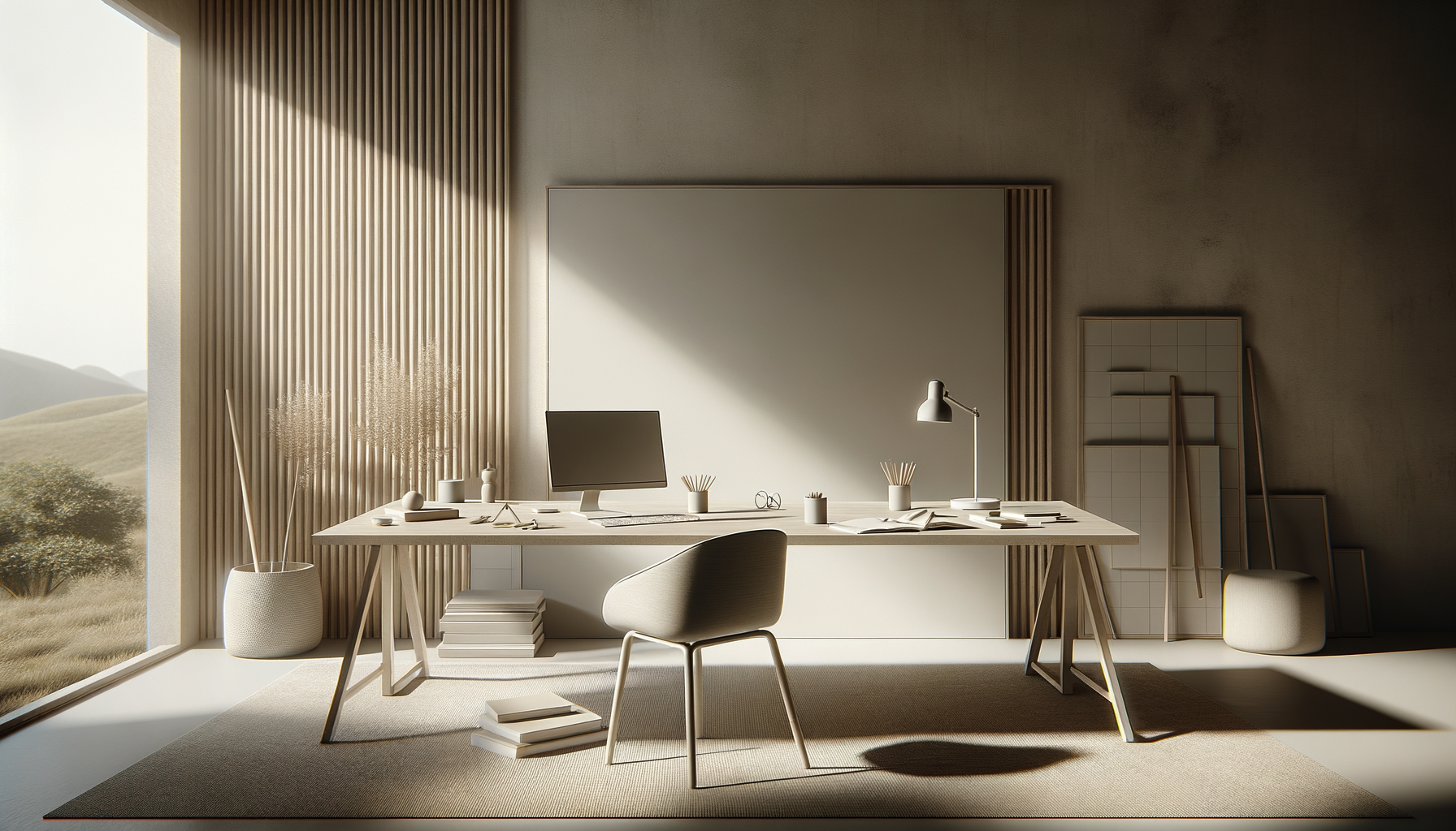 Modern minimalist office with large window, wooden accents, white desk, computer, desk lamp, books, and decorative items in neutral tones, with landscape view outside.