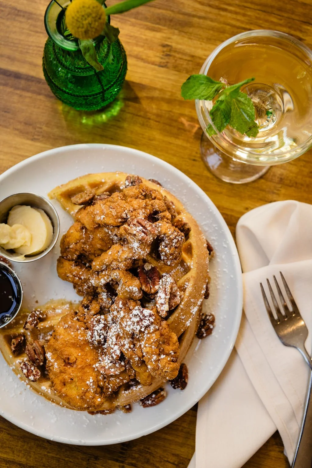 Chicken and waffles is a classic choice for brunch in downtown Austin