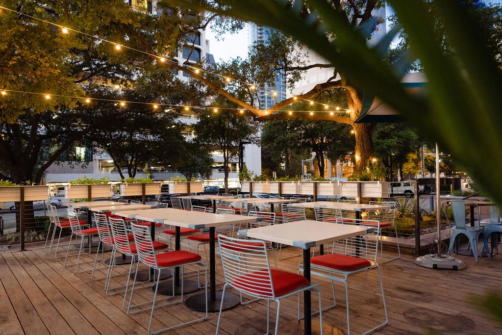 String lights over patio at downtown Austin brunch restaurant