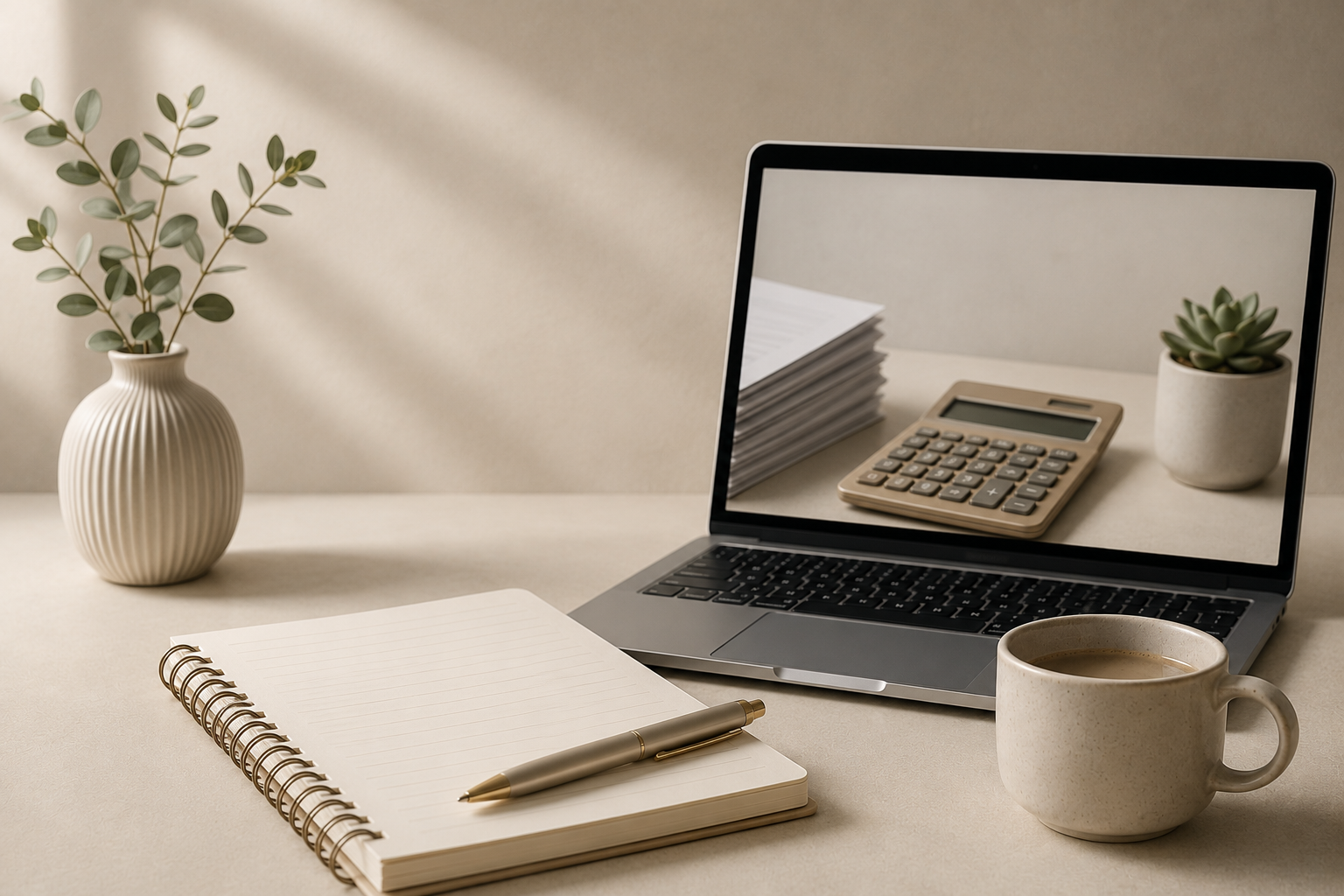 A tidy workspace with a laptop, a spiral notebook with a pen on top, a coffee mug, a potted plant, a stack of papers, a calculator, and another potted plant on a neutral-colored desk.