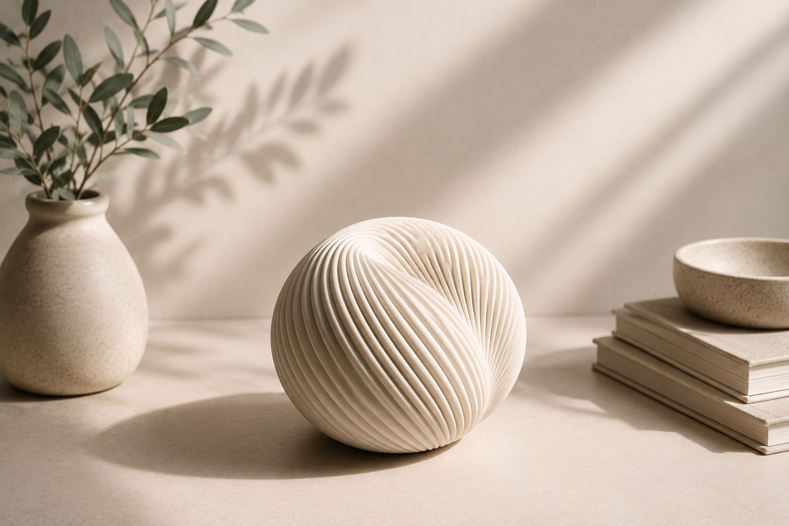Decorative white textured spherical vase, beige ceramic bowl, stack of notebooks, and a beige vase with olive branches against a neutral background with soft shadowing.