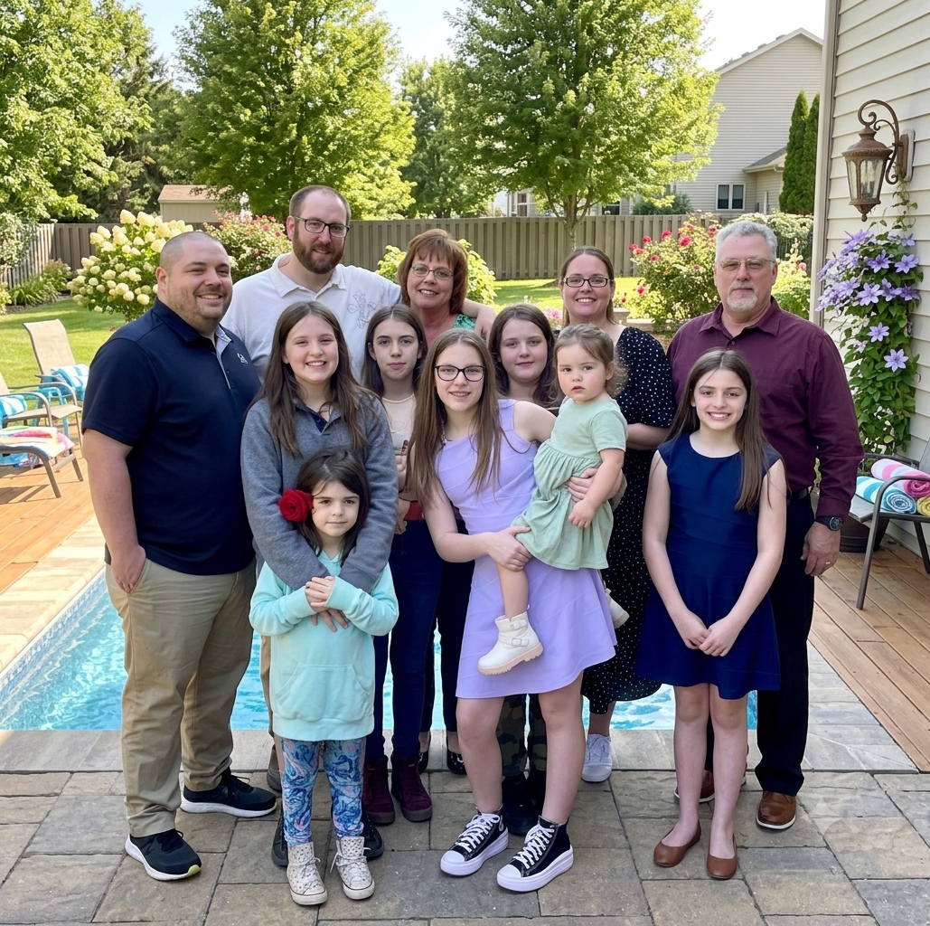 Family group photo outdoors in a backyard with trees, flowers, and a swimming pool, featuring eleven people of various ages smiling.