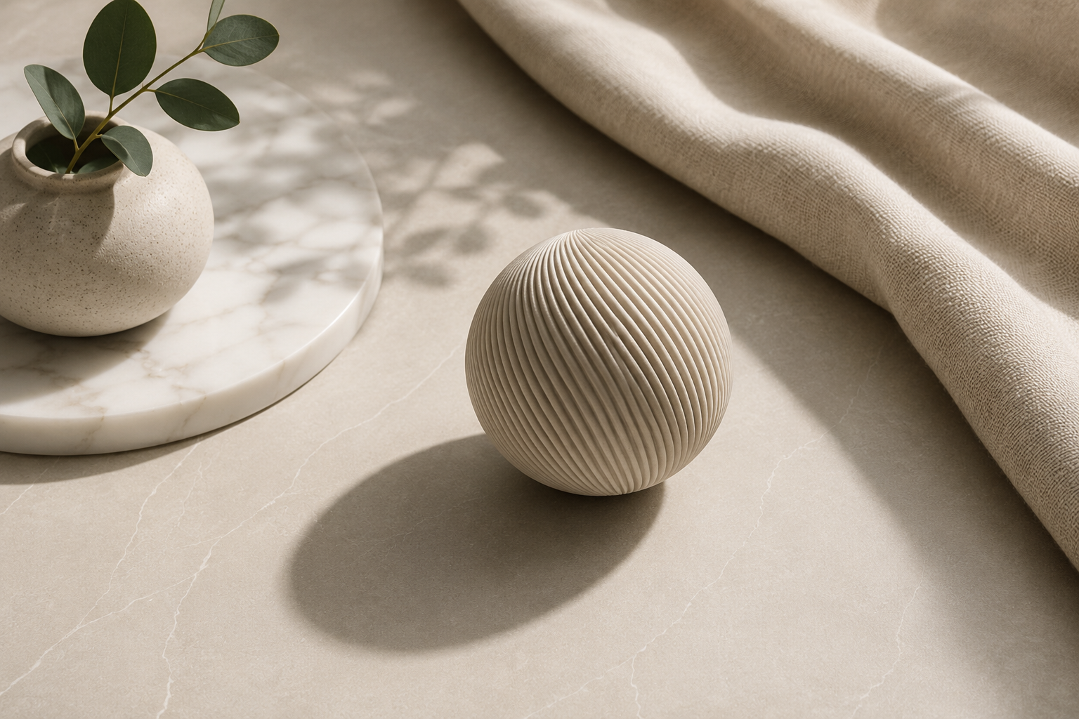 A beige textured sphere with ridges, placed on a light beige marble surface. To the left, there's a small off-white vase with a branch of green leaves, sitting on a round marble tray. In the background, a light beige fabric is draped.