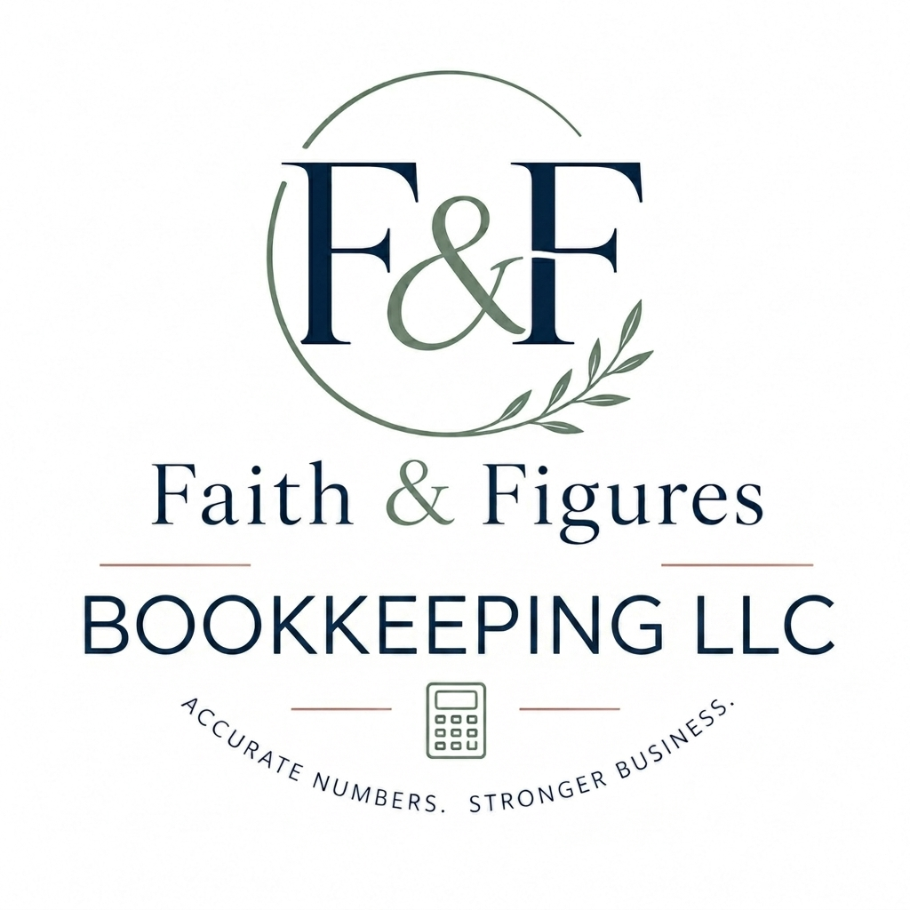 Logo for Faith & Figures Bookkeeping LLC with initials F&F, olive branch, calculator, and tagline 'Accurate Numbers. Stronger Business.'