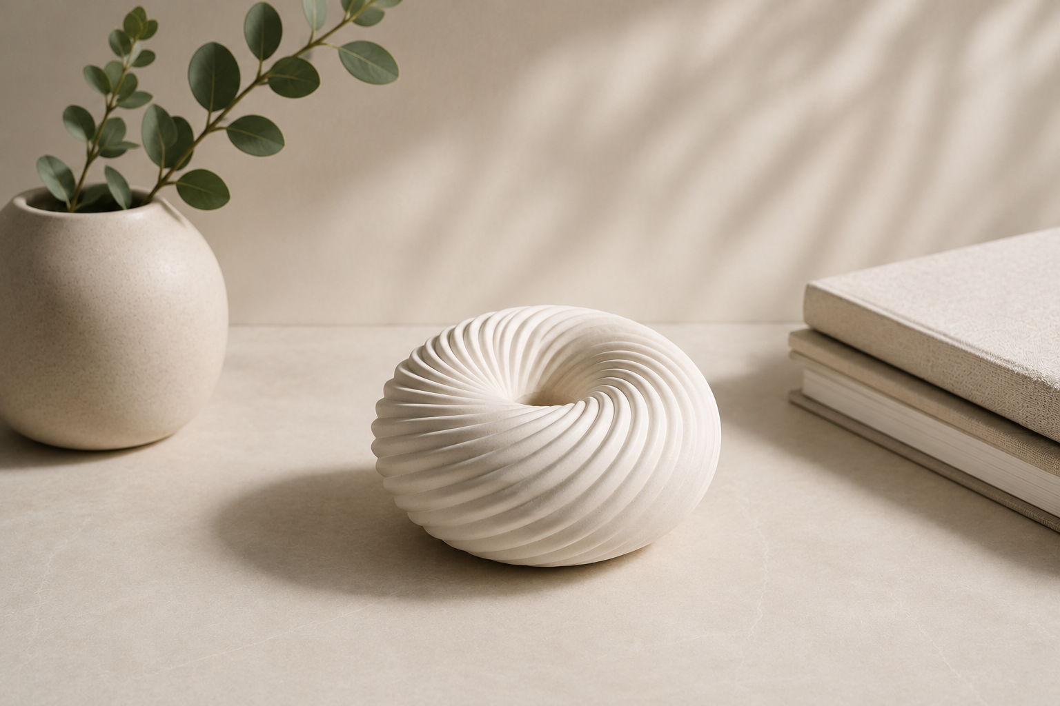 A minimalist beige table scene with a textured cream-colored vase holding a green leafy branch on the left, a white spiral ceramic sculpture in the center, and a stack of two beige books on the right. Sunlight casts soft shadows on the wall and surface.