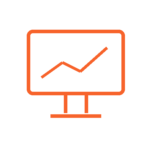 Icon of a computer monitor displaying a rising line graph in orange.