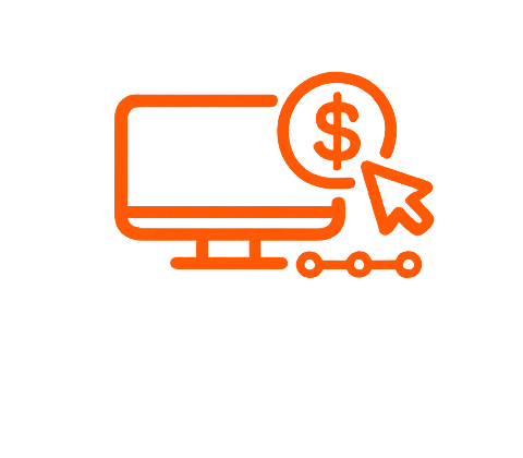 Icon of a computer monitor with a dollar sign inside a circle and a cursor arrow pointing to it, representing online money or digital transactions.