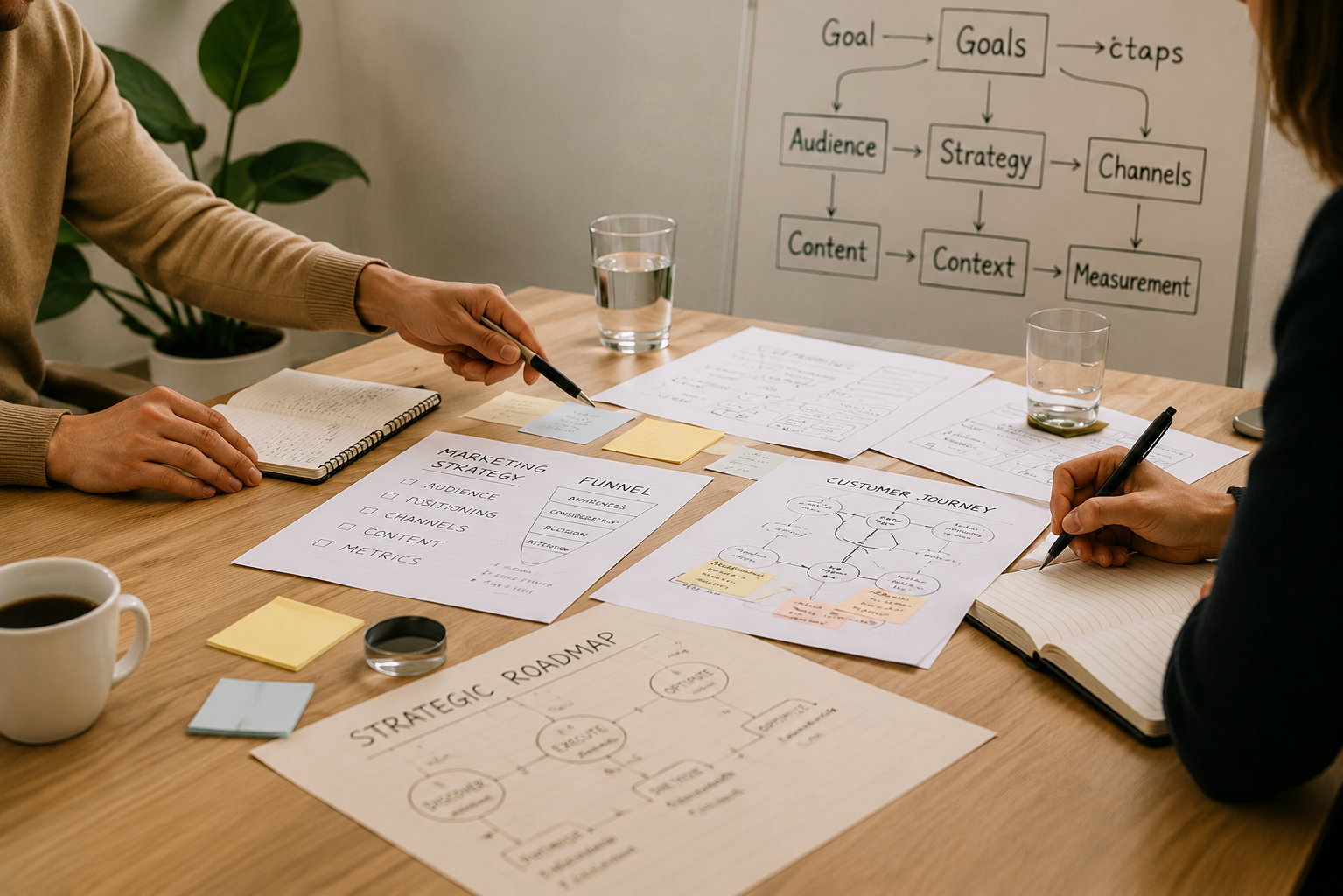 Two people in a meeting discussing marketing plans with notes, diagrams, and a whiteboard discussing goals, audience, strategy, and channels.