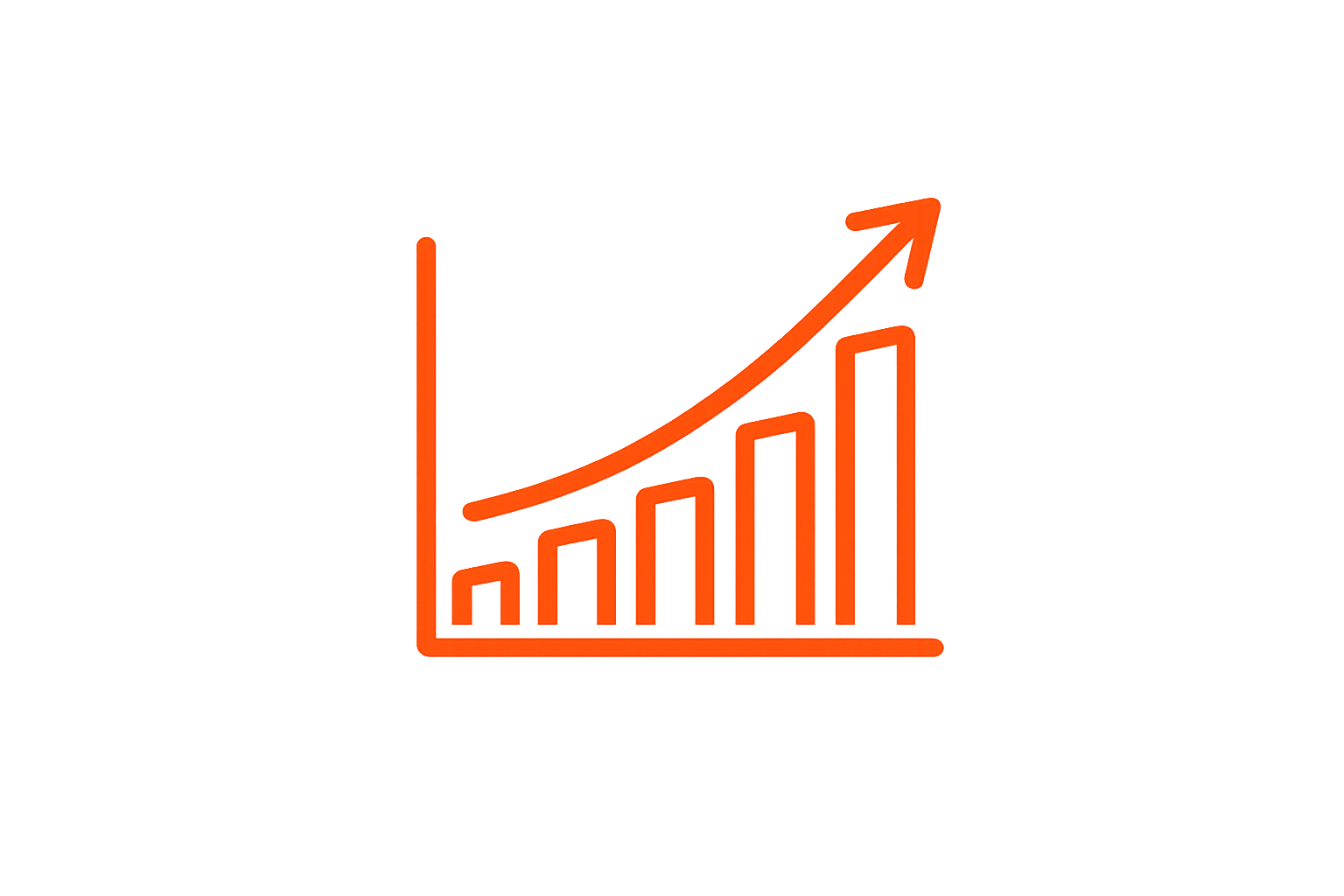 Orange line graph with increasing bars and upward arrow.