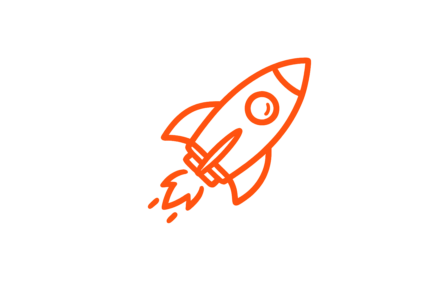 Neon orange outline of a rocket ship with flames coming out of the bottom, set against a black background.
