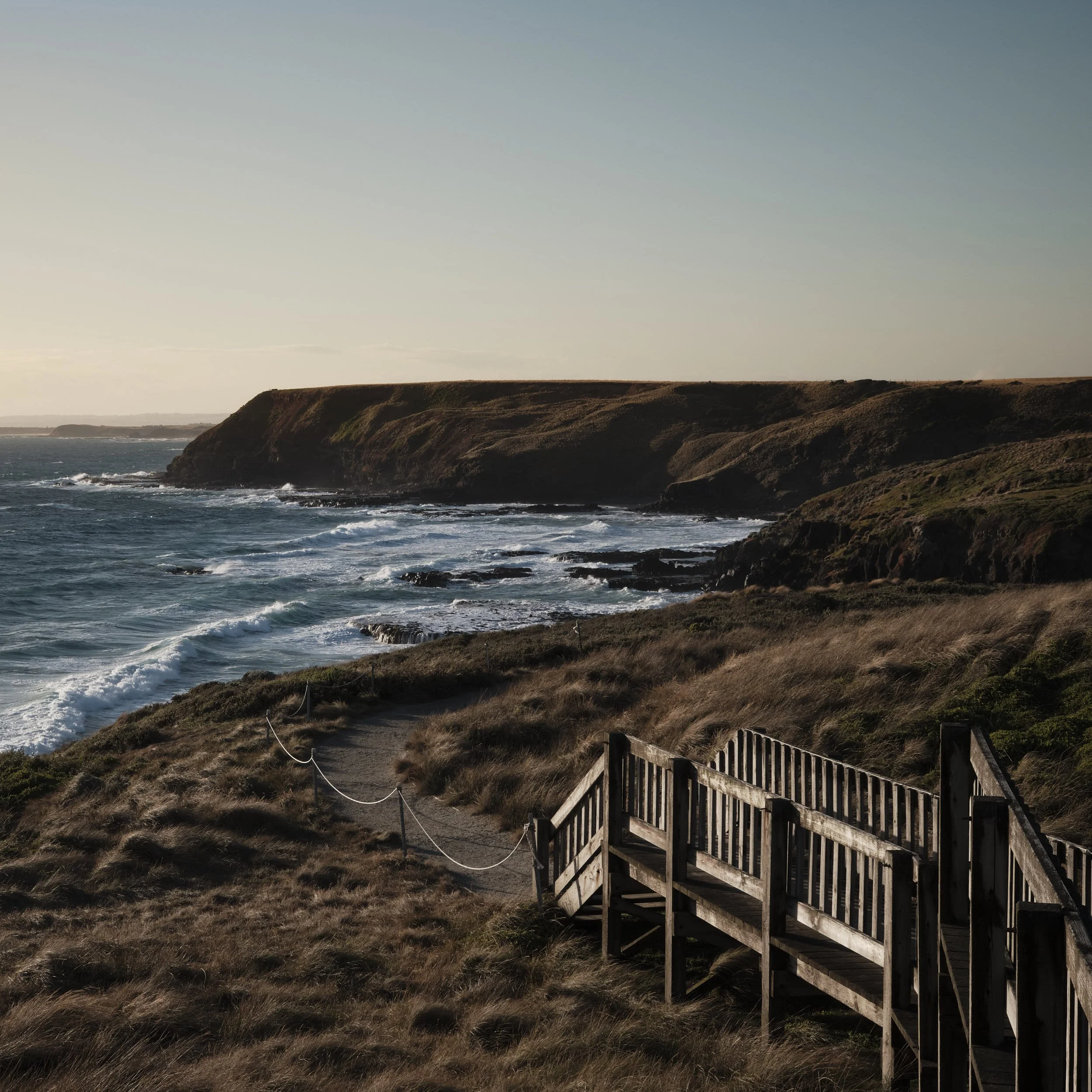 Das Bild zeigt eine Küstenlandschaft und eine Holztreppe die einen Weg an der Küste entlang führt. Zudem das Meer mit einigen Wellen.