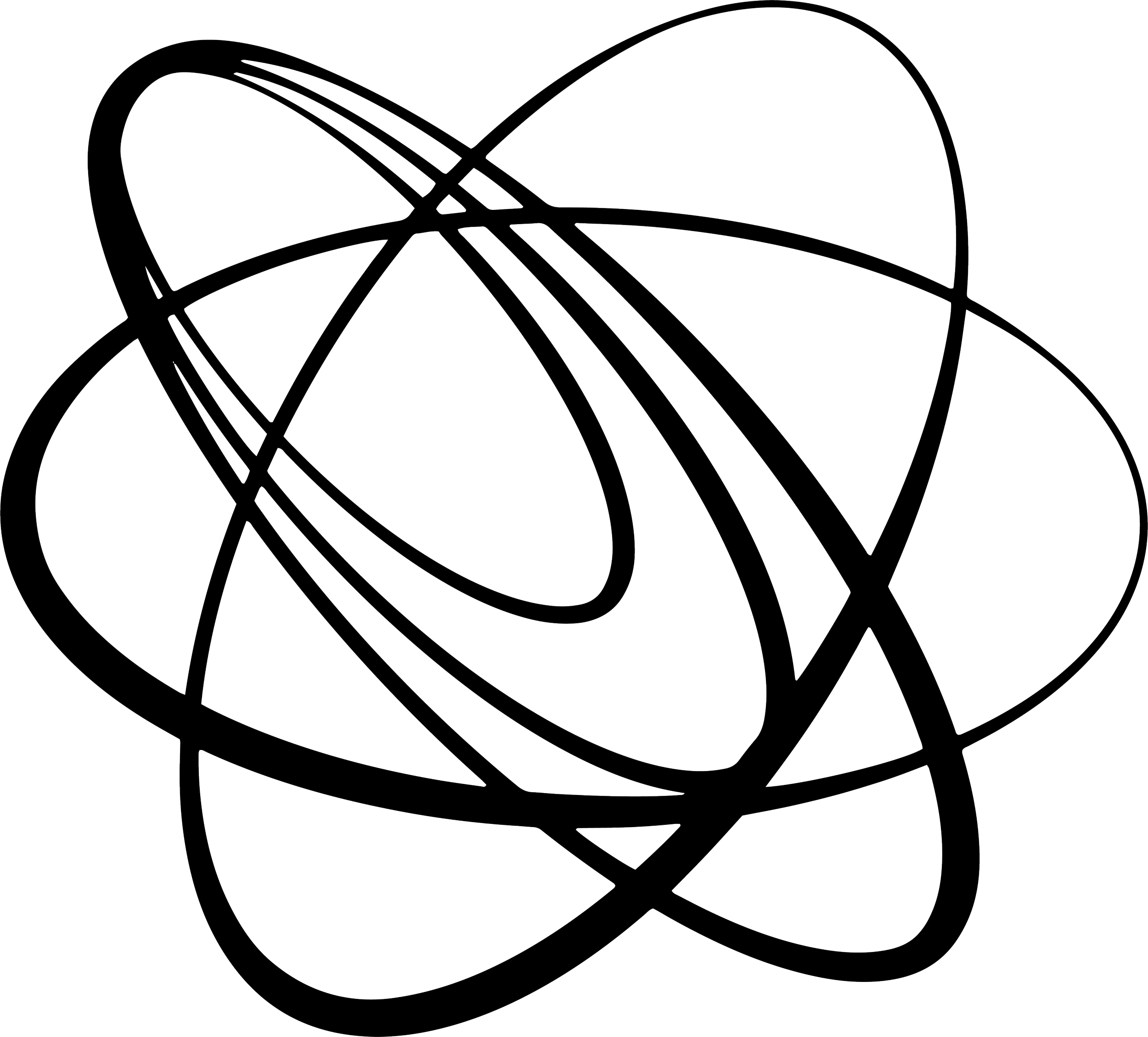 Outline of a wireframe or digital line drawing of interconnected spherical shapes against a black background.