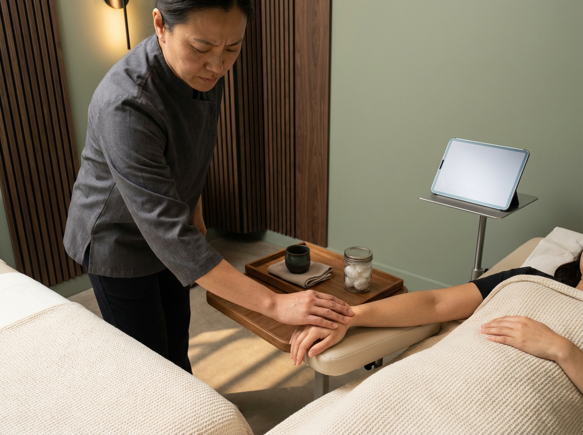 A massage therapist gently holding a patient's hand during a massage session in a spa room.