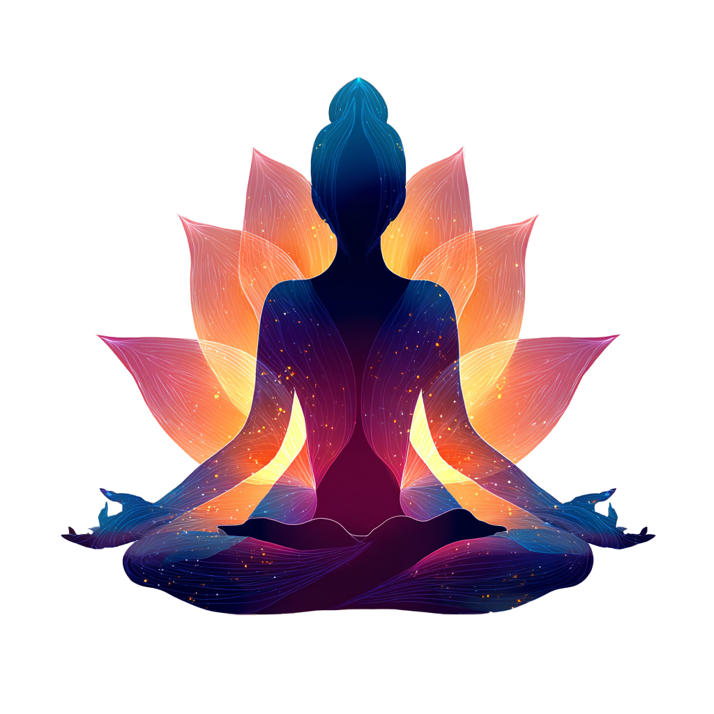 A digital illustration of a woman in a seated meditation pose, with glowing lotus petals behind her, representing peacefulness and spiritual enlightenment.