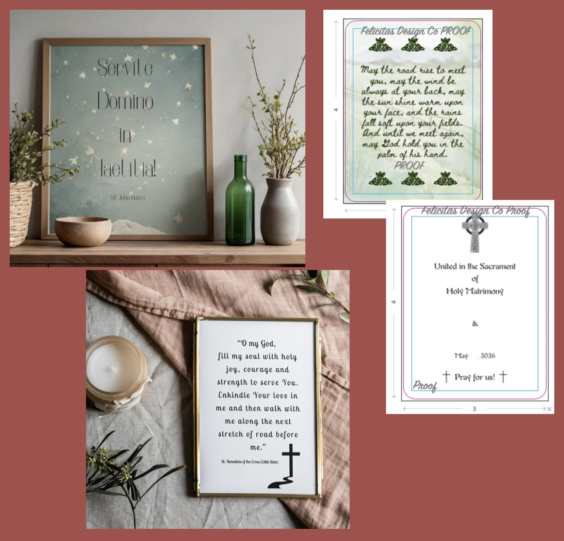 Decorative religious and inspirational items including a framed quote from St. John Bosco, a two-sided proof of a religious card and a wedding invitation, a framed prayer from St. Benedict, and various vases with plants and candles arranged on a table.