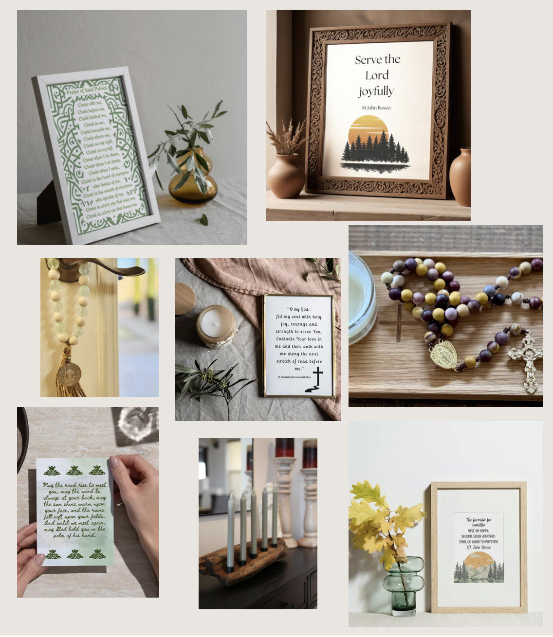 Collection of Christian religious items including framed prayer, rosary, prayer cards, candle, and decorative signs with spiritual messages.