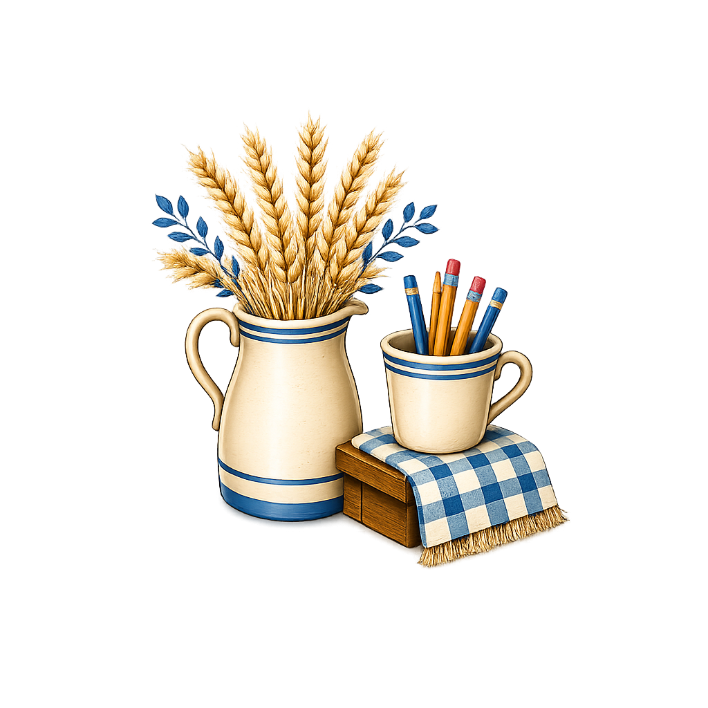 A decorative ceramic pitcher with wheat and blue leaves, a mug with colored pencils, a blue-and-white checkered cloth on a small wooden stand.