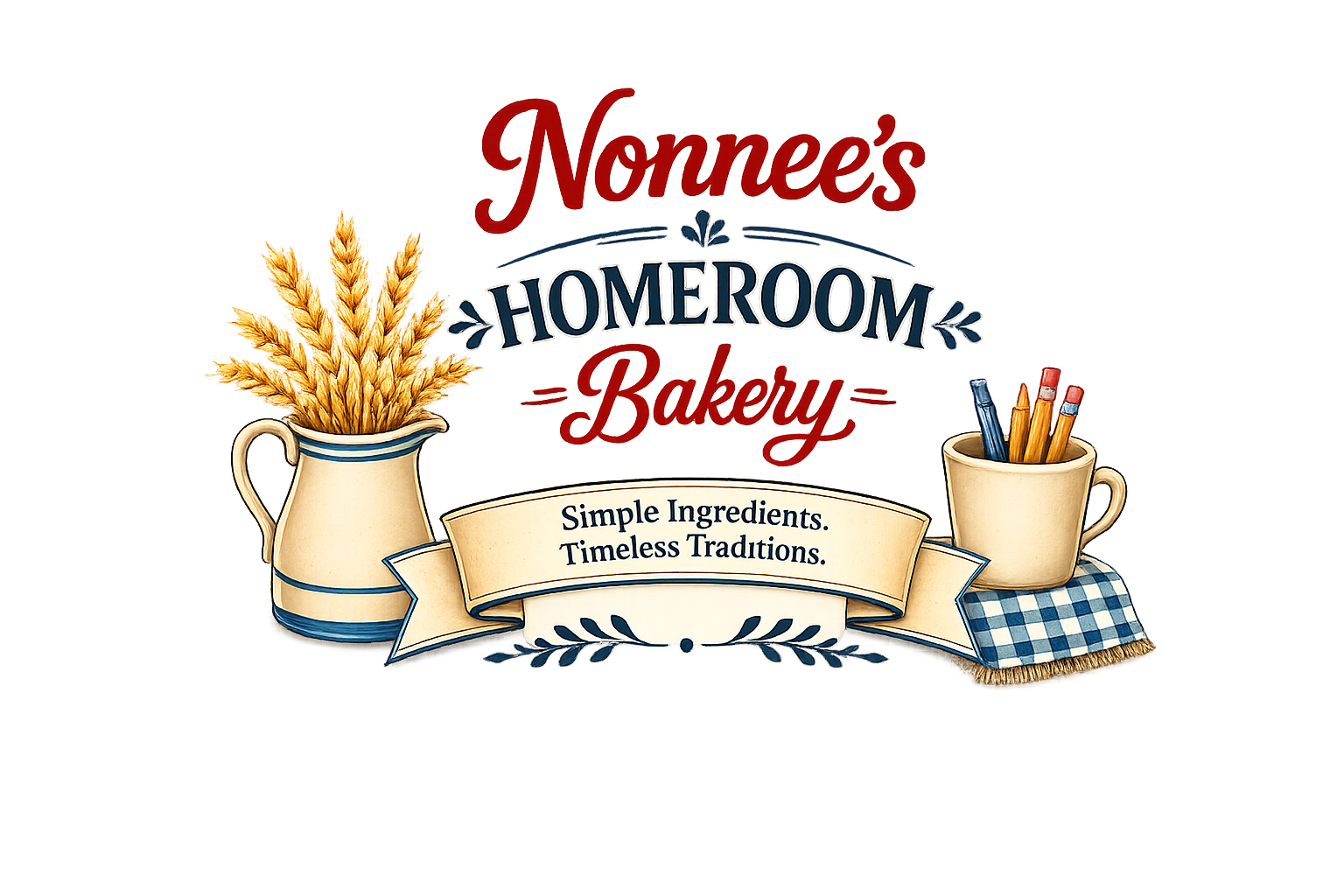 Sign for Nonnee's Homeroom Bakery with a pitcher of wheat stalks on the left, a banner reading "Simple Ingredients. Timeless Traditions." in the center, and a mug holding colored pencils on a checkered cloth on the right.