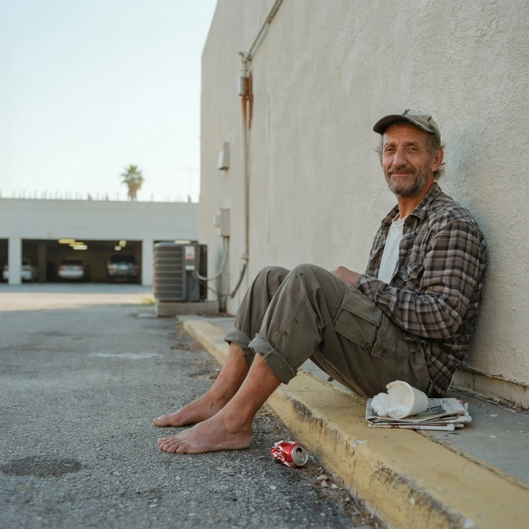 A man sitting on the ground, leaning against a wall, with paint cans and brushes around him, possibly taking a break from painting.