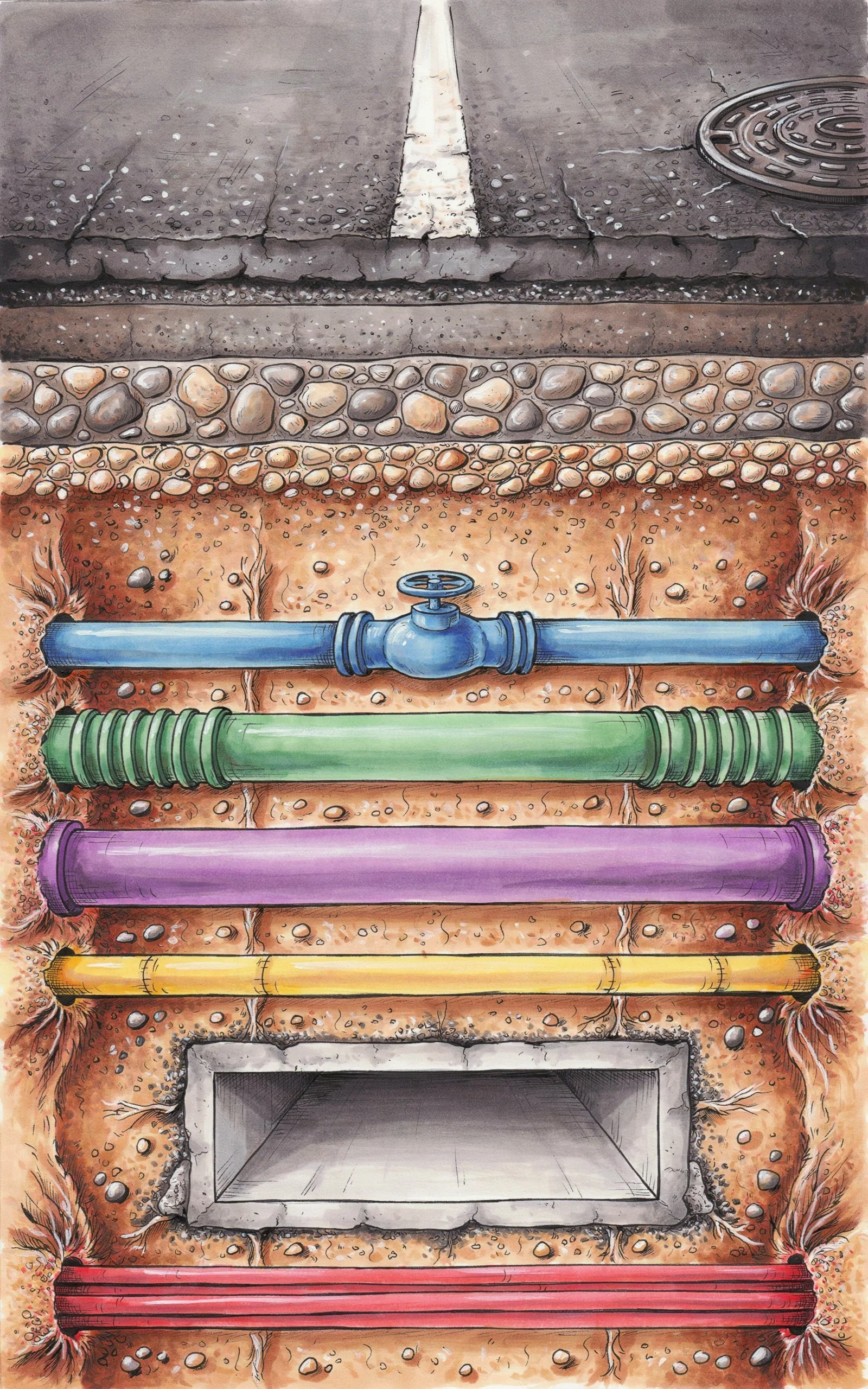 Illustration showing various underground pipes and sewer components, including a blue water valve, a green pipe, a purple pipe, and a yellow pipe, with surrounding soil and rocks, and a grate on the street surface above.
