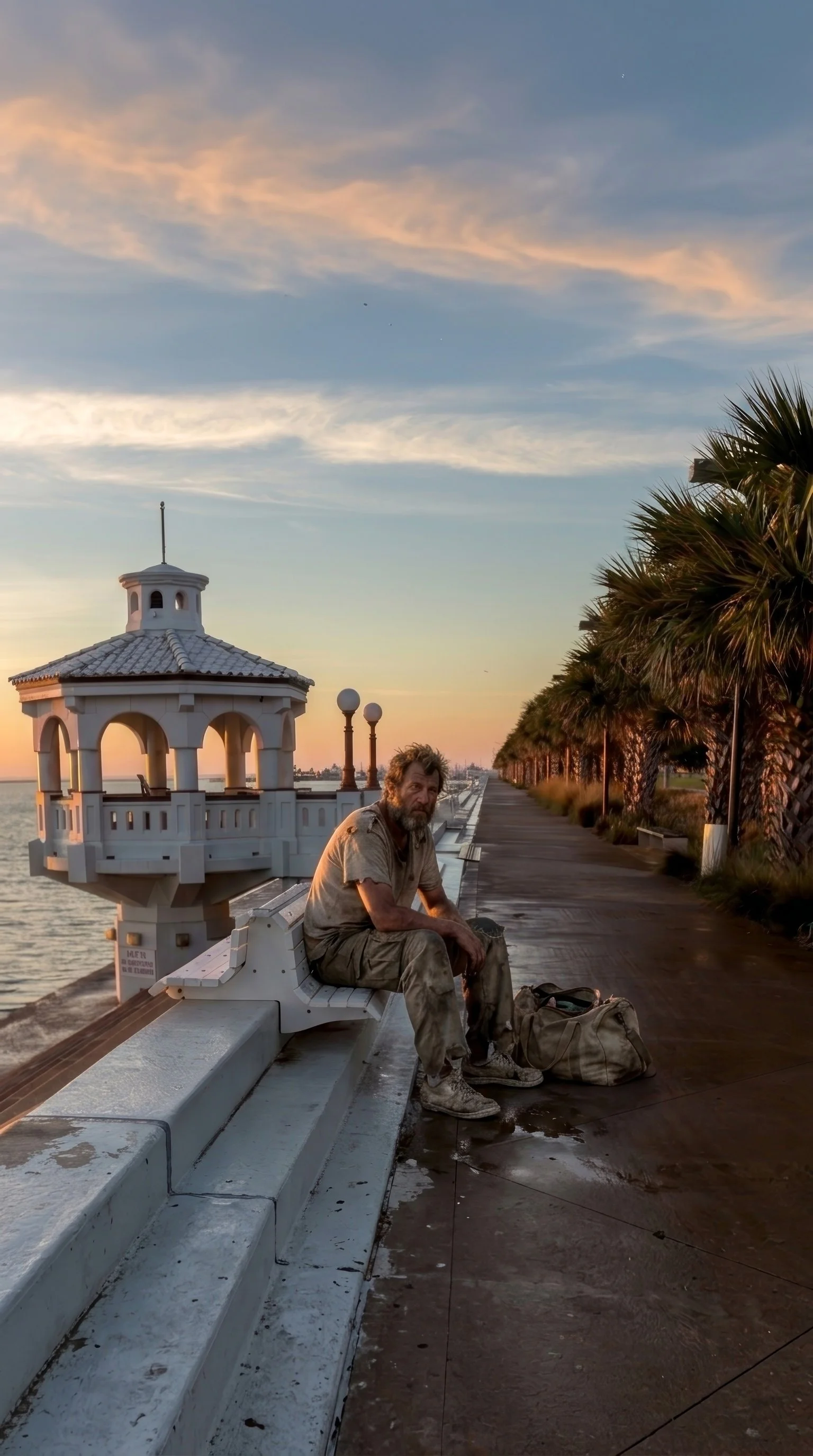 A man with a beard and messy hair sitting on a white bench by the water during sunset. He is wearing a tattered shirt and pants, surrounded by bags, with palm trees and a small pavilion nearby.