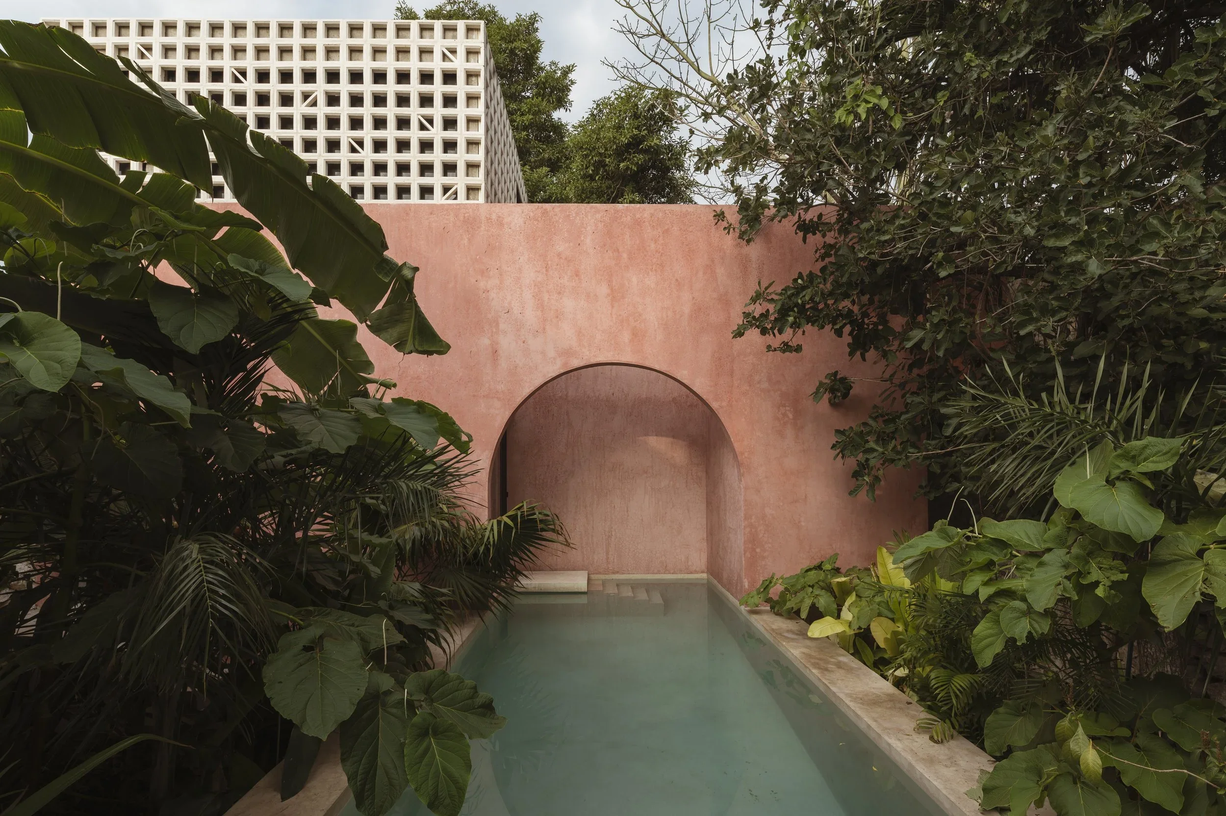 A pink stucco wall with an arched opening in front of lush green tropical plants and trees, with a pool at the bottom of the wall and a modern building with a grid pattern of square openings in the background.