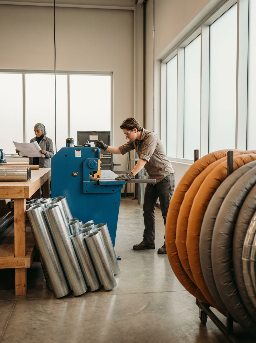 A person operating a blue machine in a workshop with large windows, with fabric rolls stacked on a cart in the foreground and another person reading a blueprint in the background.