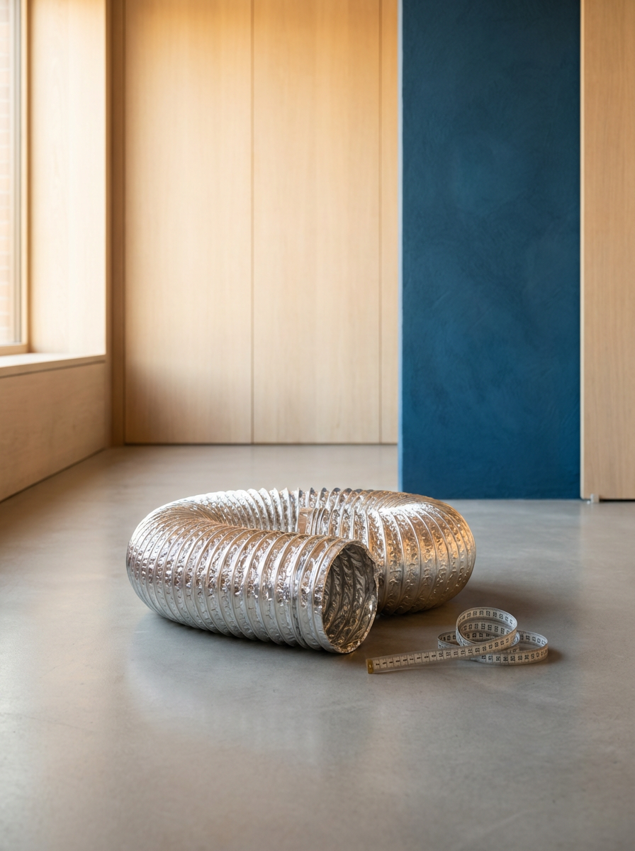 A metallic flexible duct coil on the floor in front of a wooden wall and a blue wall with a measuring tape nearby.