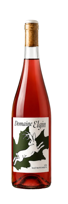 Bouteille de vin rosé avec étiquette représentant un lapin blanc et le texte "Domaine Elgin".