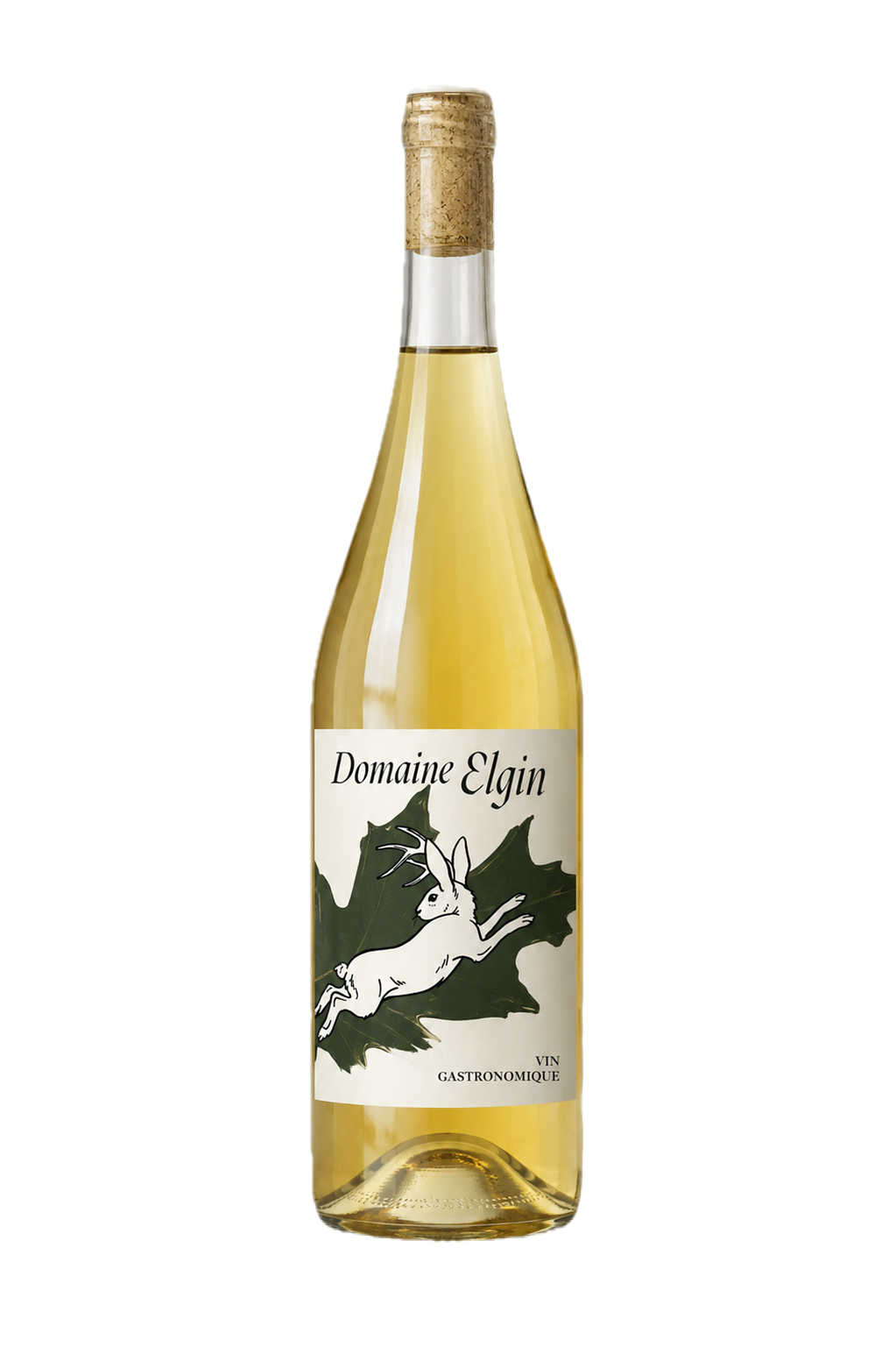 Une bouteille de vin blanc Domaine Elgin avec une étiquette représentant un lapin blanc sautant devant des feuilles de chêne vertes.