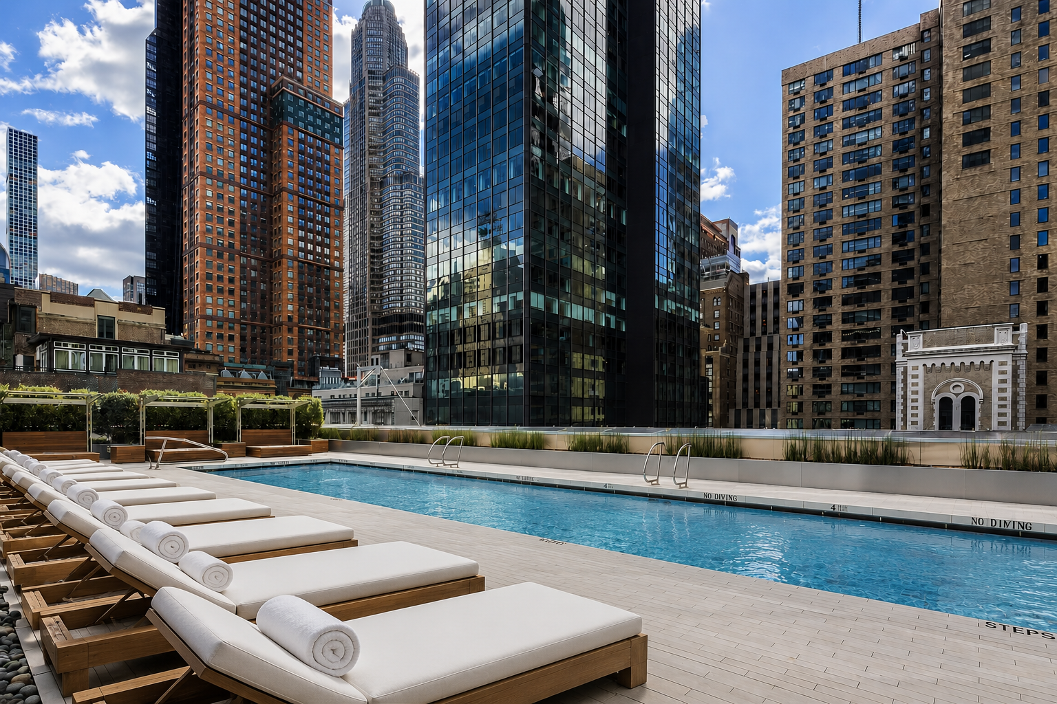 Rooftop swimming pool with white lounge chairs and a city skyline of tall glass and brick buildings under a partly cloudy blue sky.