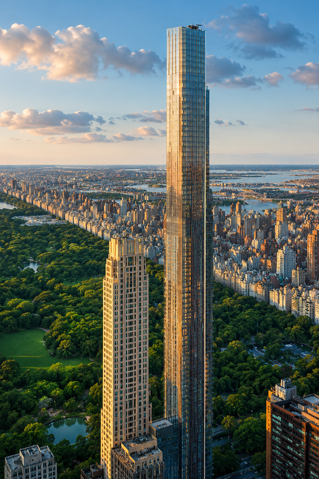 Aerial view of Central Park in New York City with tall skyscrapers, including a modern glass tower reflecting sunlight, and the city skyline extending to the river in the background during sunset.