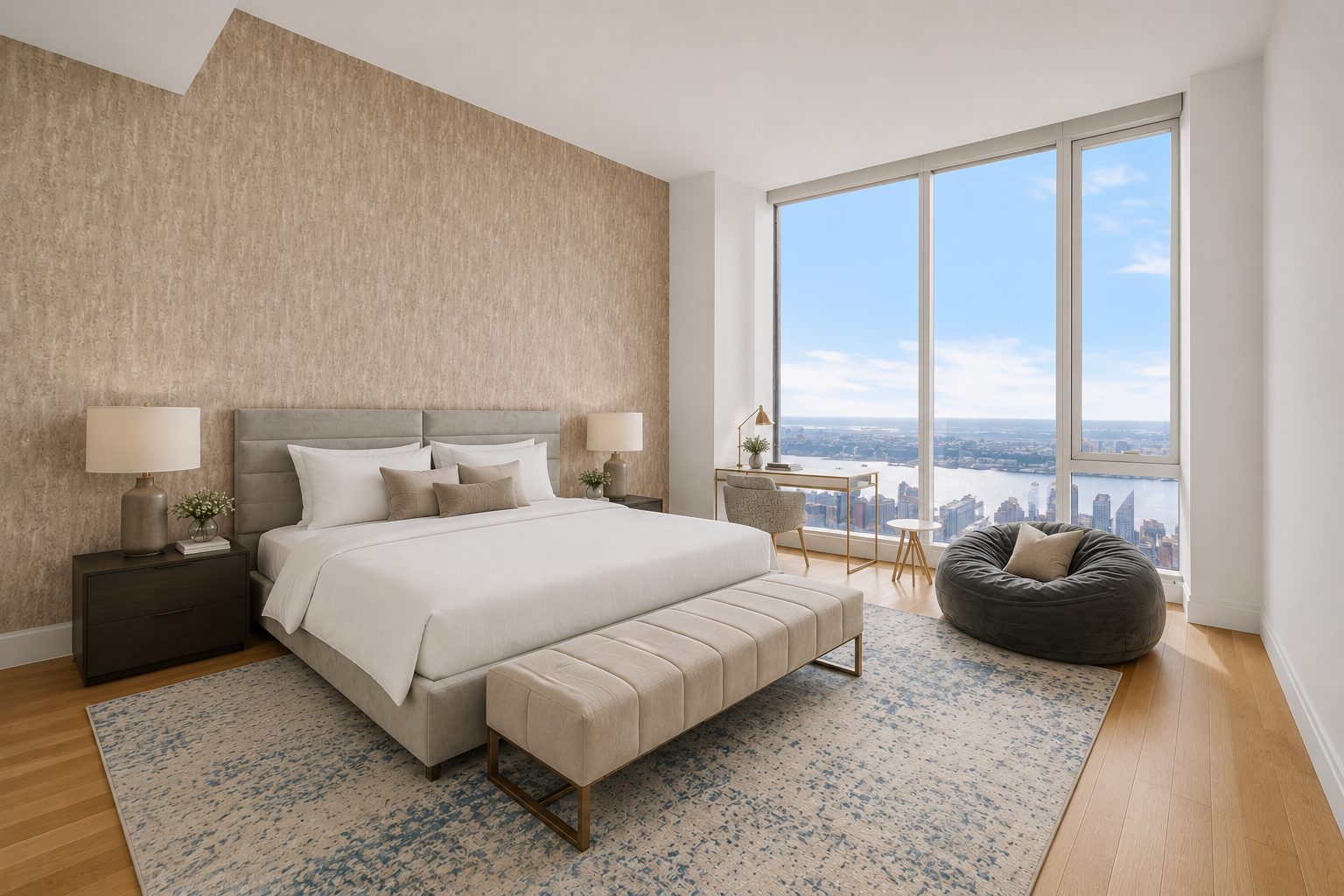 Modern bedroom with large window view of city skyline, beige textured wall, white bed with gray headboard, beige bench at foot of bed, black bean bag chair, wooden flooring, two nightstands with lamps, small table, desk and chair near window, with bl